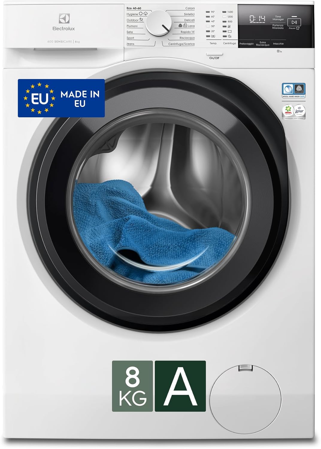 Electrolux 600 EW6FA28G Front Loading Washing Machine, 8 kg, SensiCare, Time Manager, Hygiene/Quick Program, Inverter+ Motor, Flow Meter, Prosense, 847 x 596 x 547 mm, White, Class A