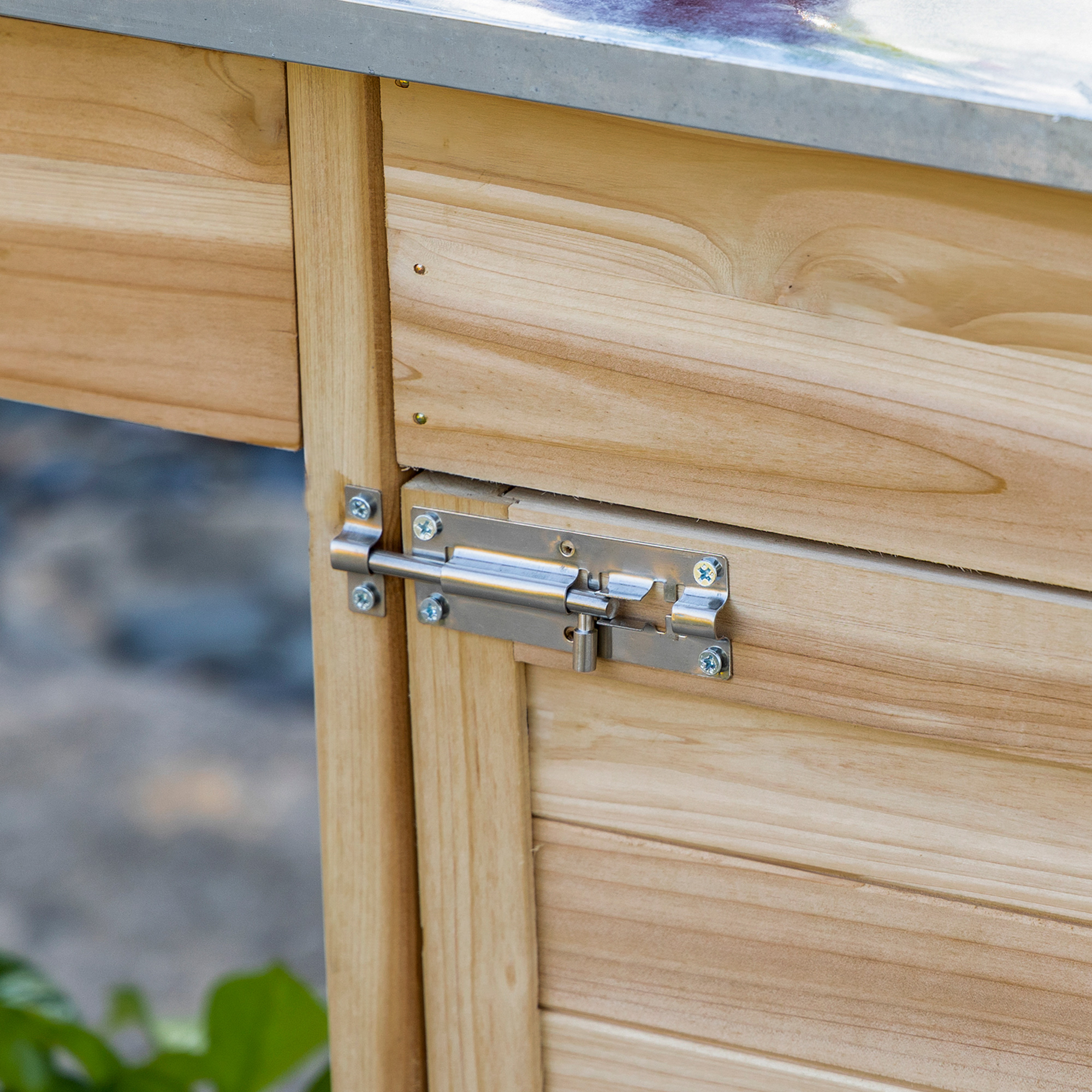 Outsunny planttafel met gegalvaniseerd werkblad, tuintafel met lade, kast, tuinwerktafel, massief hout, naturel, 112 x 45 x 125 cm