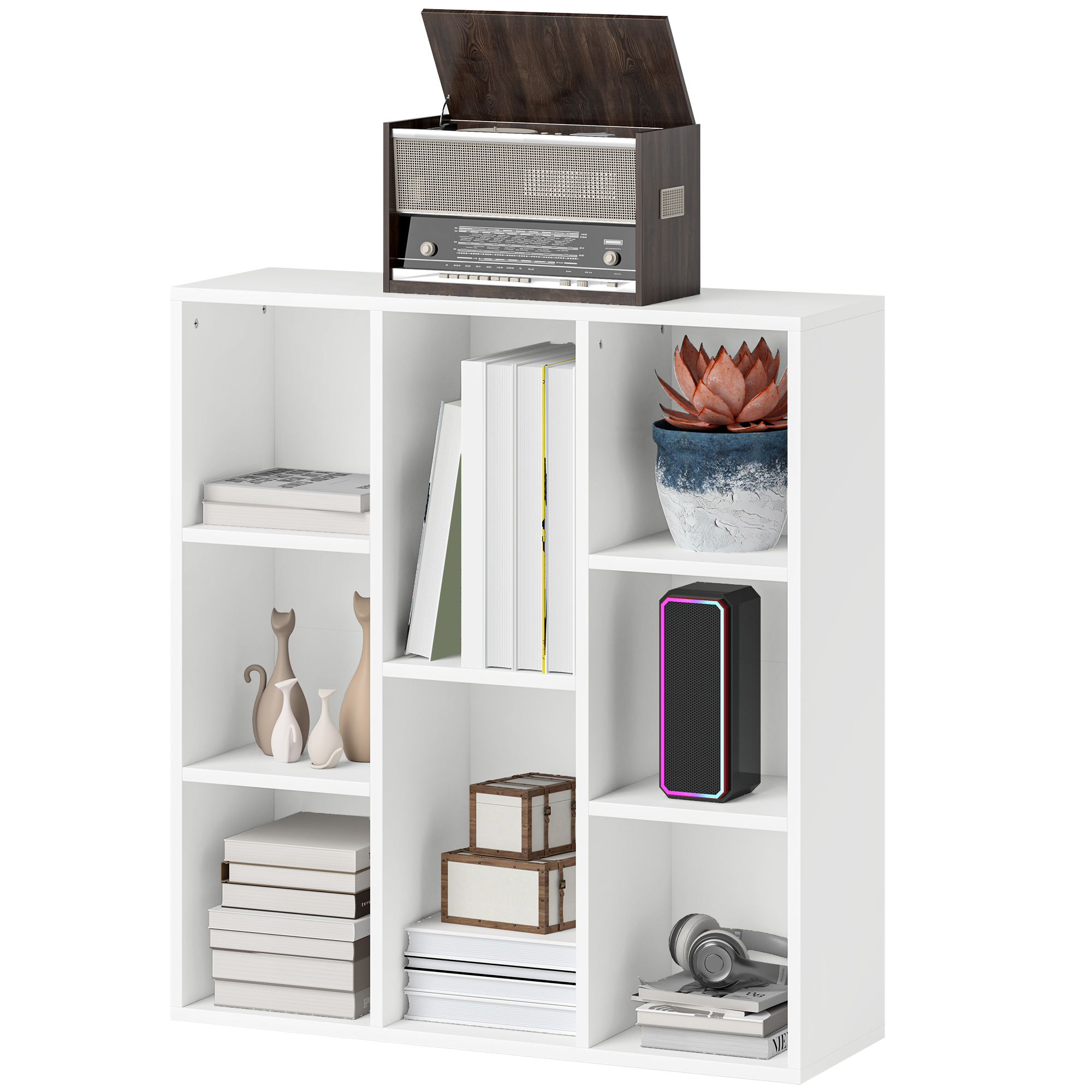 HOMCOM 3-Ebenen-Bücherregal, 8 Fächer, Spanplatte, Aufbewahrungsregal, Weiß
