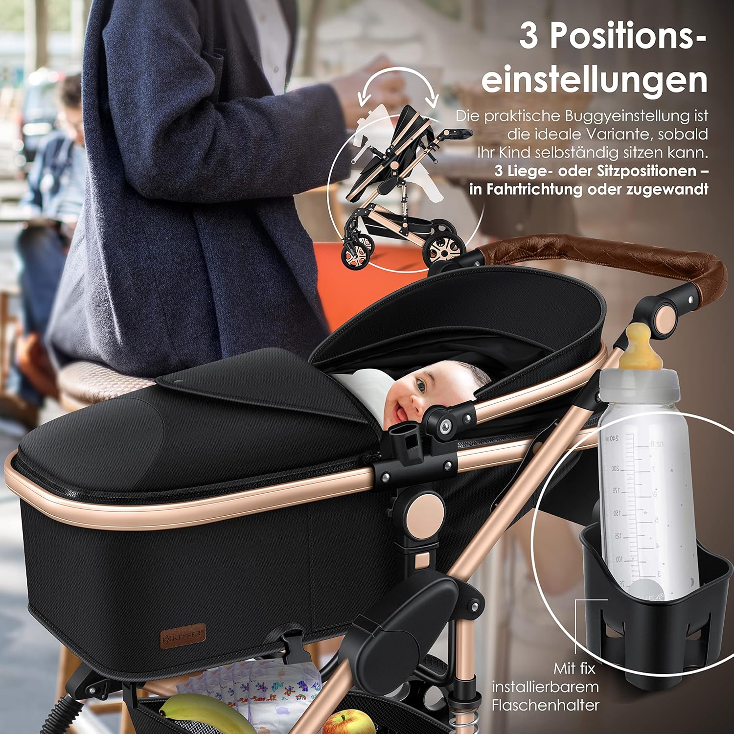 KESSER® Loops 3 in 1 Kinderwagen Kombikinderwagen Komplett-Set inkl. Babywanne & Buggy Sportsitz & Auto-Babyschale Voll-Gummireifen Wickeltasche Regenschutz Kindertisch ECE R129, Schwarz/Schwarz