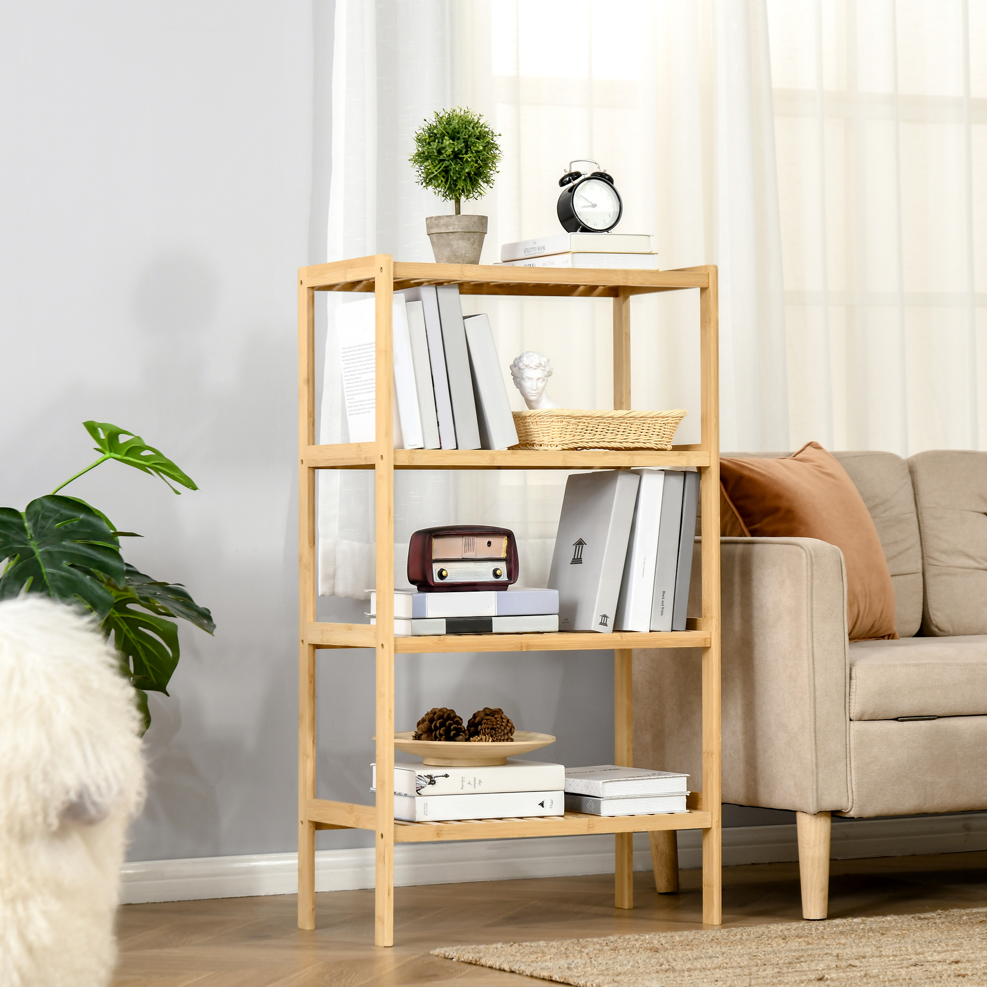 HOMCOM Standregal Bücherregal 4-stufiges Bambusregal Büroregal Lagerregal Aktenregal Küchenregal für Bad Küche Wohnzimmer Schlafzimmer Bambus Natur 62 x 33 x 112 cm