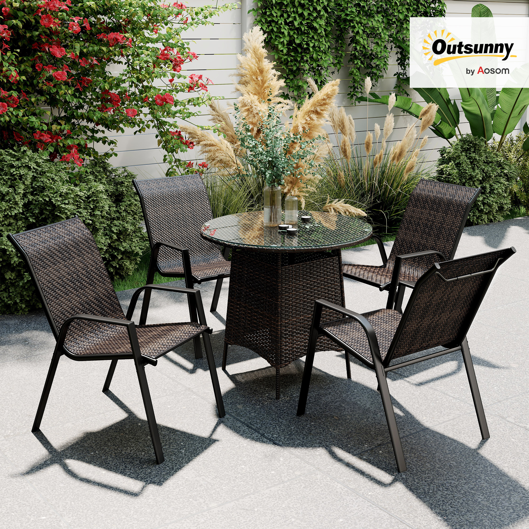 Outsunny Set mit 4 stapelbaren Gartenstühlen, Outdoor-Stuhl mit Armlehnen und Rattanoptik Überzug in Braun