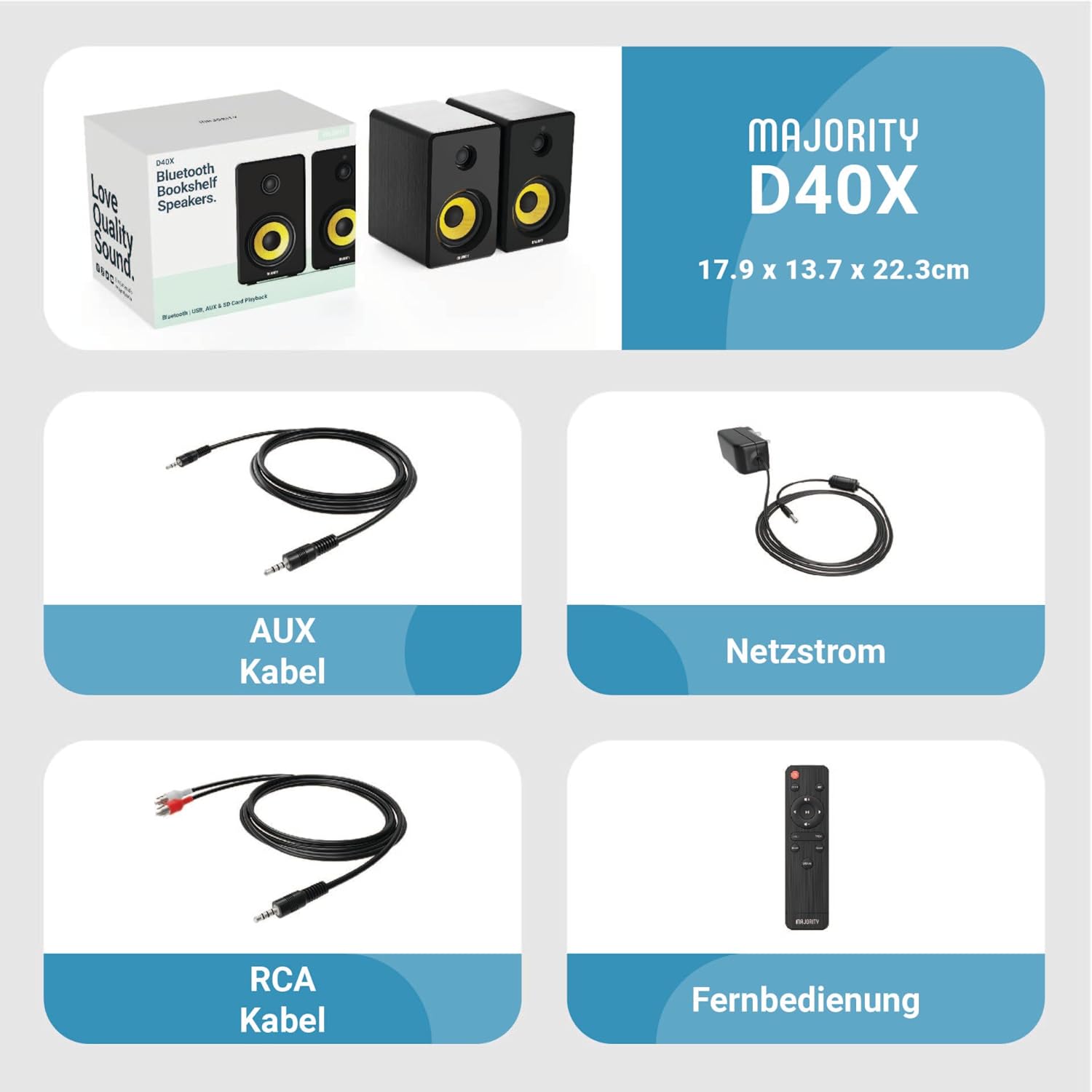 MAJORITY D40 Bluetooth Lautsprecher Boxen | 60W 2.0 Aktivlautsprecher | Studio Monitor mit 4-Treiber | Regallautsprecher für HiFi Stereo mit Optischer, RCA-, USB- und AUX-Eingang | Fernbedienung