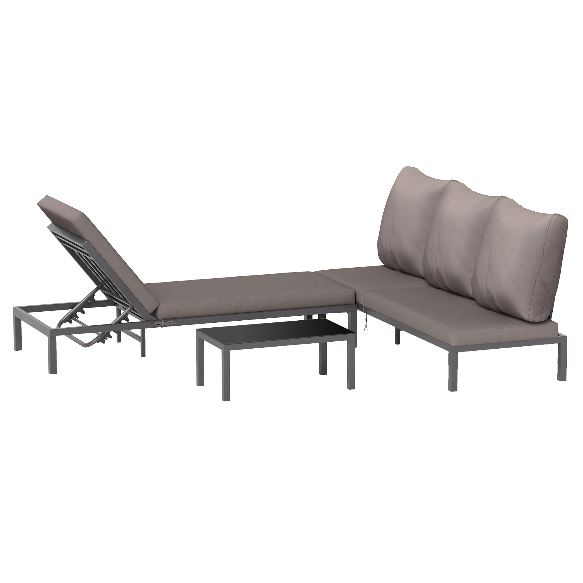 Outsunny Modulares Gartenmöbel-Set, 2 Sonnenliegen mit Matratze + 1 Couchtisch mit gehärteter Glasplatte, Aluminium