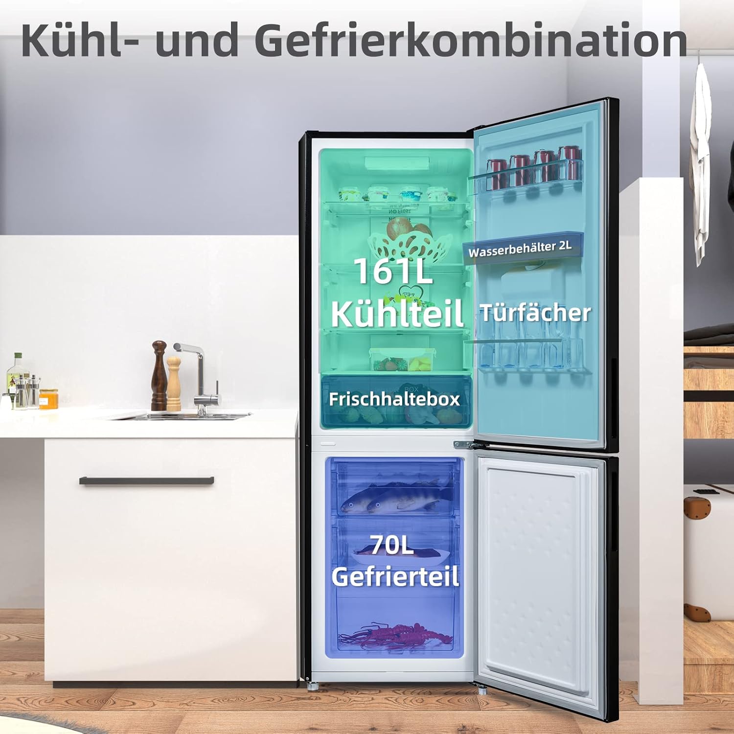 CHIQ CTT107BC Kühlschrank Klein 107 Liter, Höhe 84cm, Tiefe 55cm, Platzbedarf nur 0,3 ㎡, Mikro-Gefrierfach, Vario Box, 7 Temperaturregelstufen, geräuscharm, 87 kWh/Jahr, Schwarz