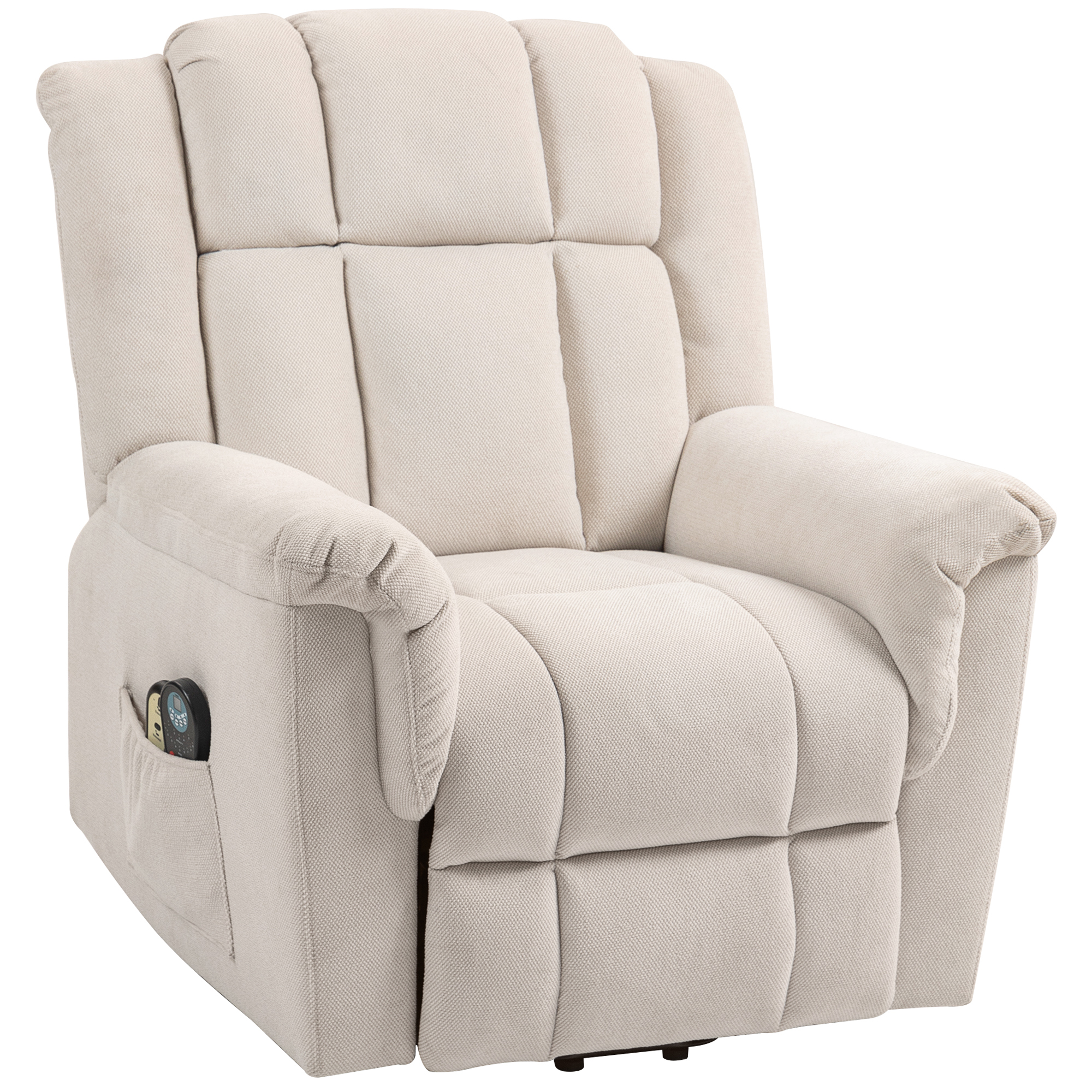 HOMCOM Powerlift-Sessel, Massagesessel mit Wärmefunktion, Polstersessel mit Fußstütze, Seitentasche, Stoffbezug, Beige