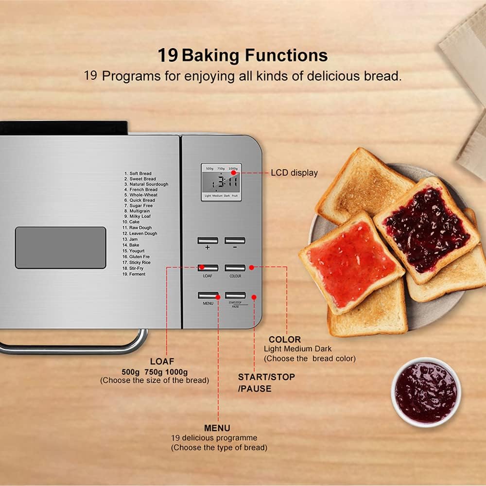 Macchina per il pane con timer e funzione automatica di mantenimento del calore, in acciaio inox, 19 programmi di cottura, 3 formati di pane e 3 colori per la preparazione di torte e marmellate