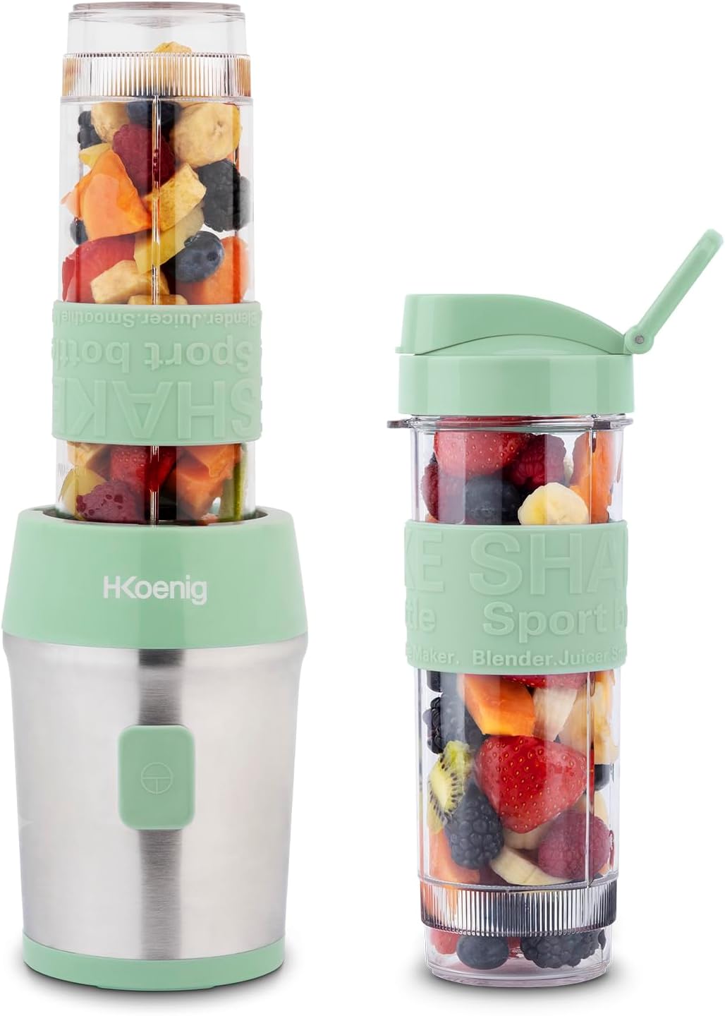 H.Koenig SMOO9 Mini Portable Blender, Compact 570 ml, BPA-Free, 4 Stainless Steel Blades, 300 W, 2 Portable Bottles, 2 Travel Lids, Smoothie Mixer