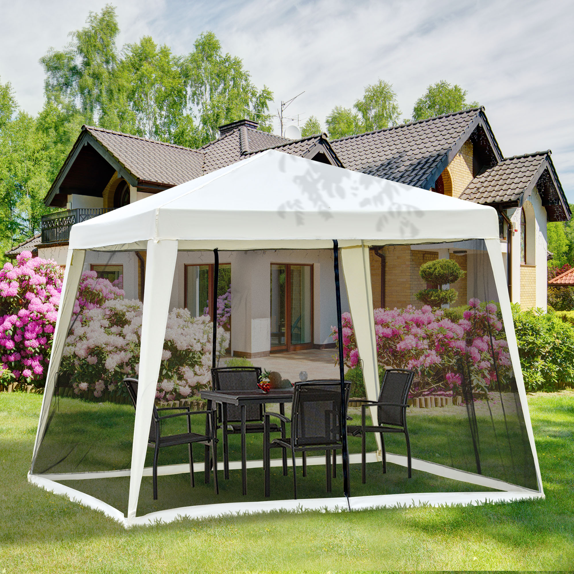 Outsunny Gartenpavillon Pavillon Festzelt Partyzelt wetterfest Zelt mit Moskitonetz Metall + Polyester Cremeweiß 3 x 3 m