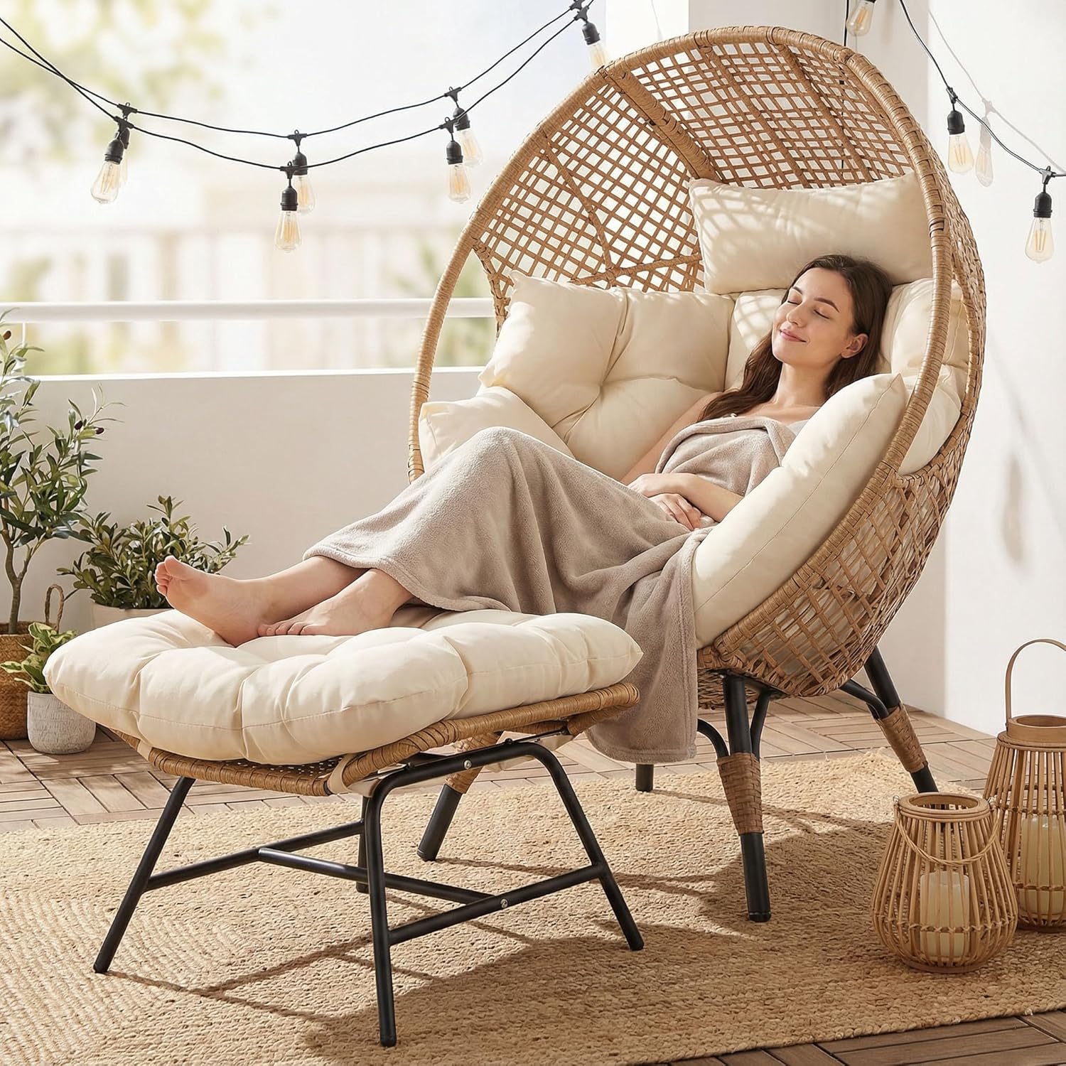 NICESOUL Wicker Egg Chair with Ottoman  Indoor Outdoor Egg Basket Lounge Chair w/Cushion  Oversized Egg Seat with Legs 440 Lbs  Comfy Cozy Boho Style Nest Chair w/Footrest for Patio  Balcony  Beige