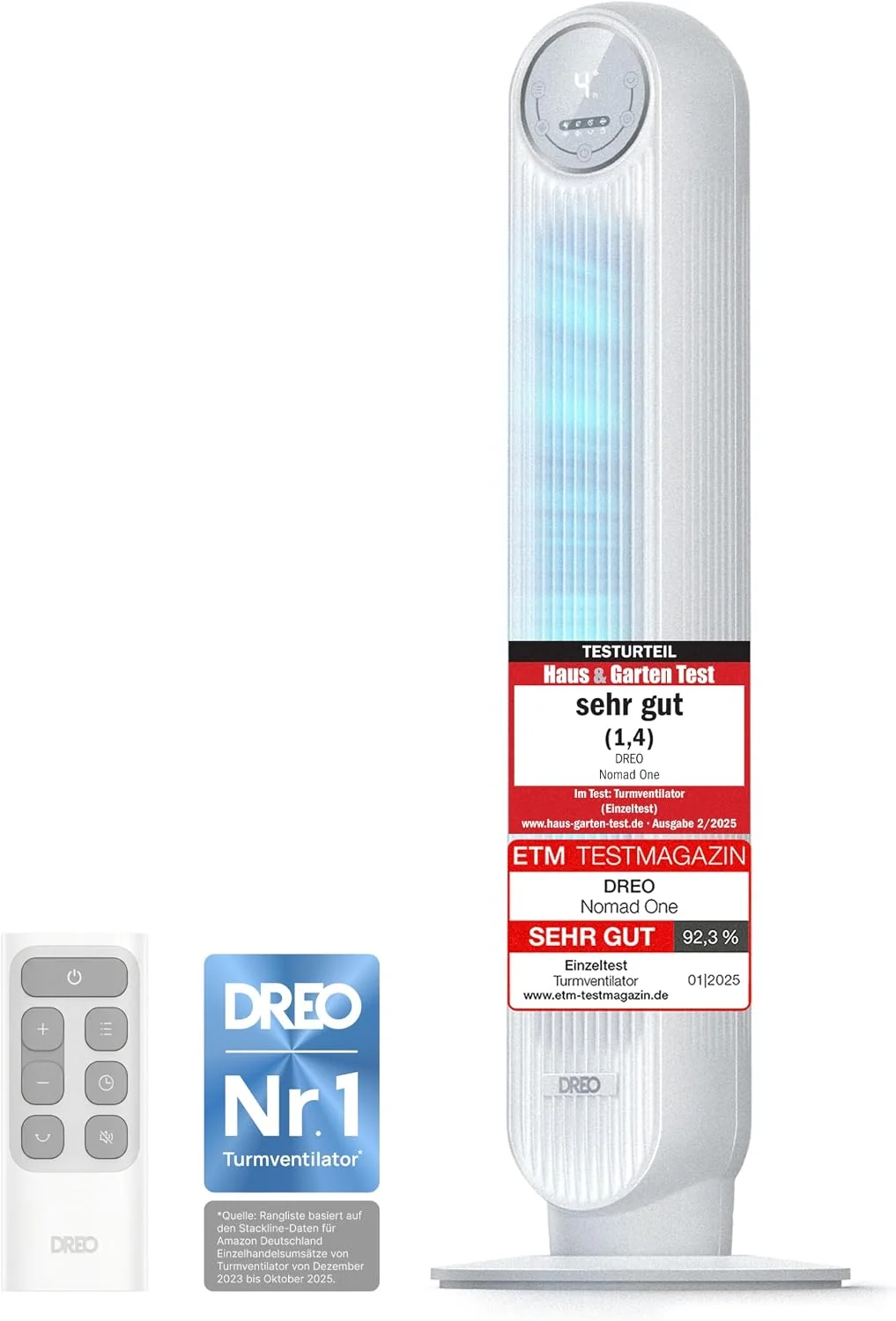 DREO Turmventilator, 10m, Grau, Leiser, Wurfweite 4 Geschwindigstufen 4 Modi 8 Std. Timer 90°, Nomad One, Weiß