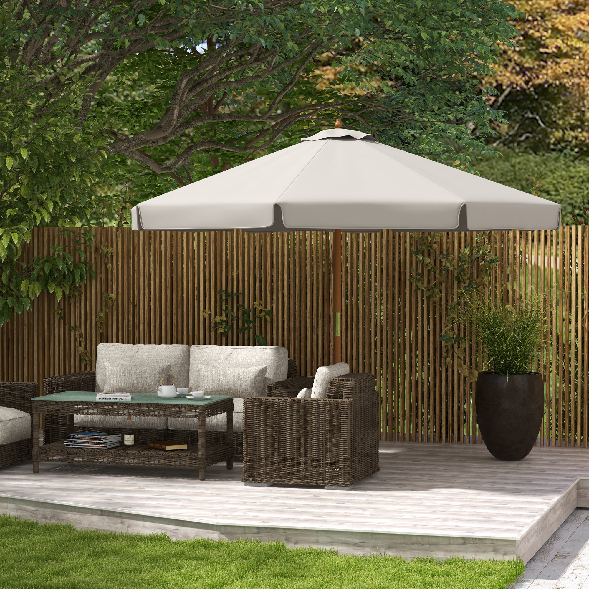 Outsunny Garten- und Terrassenschirm Ø325 cm mit Seilwindensystem Belüftetes Dach und 8 Bambusstäben für Patio Grau