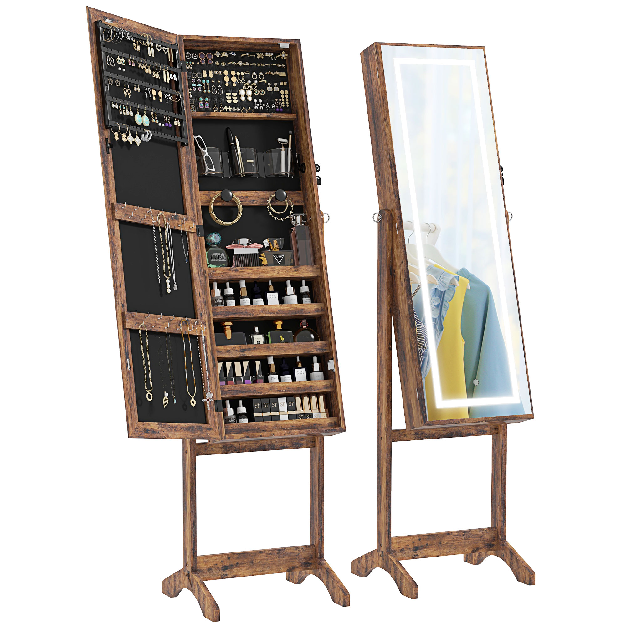HOMCOM Schmuckschrank LED mit Standspiegel Schmuckaufbewahrung mit Touchscreen-Beleuchtung Braun