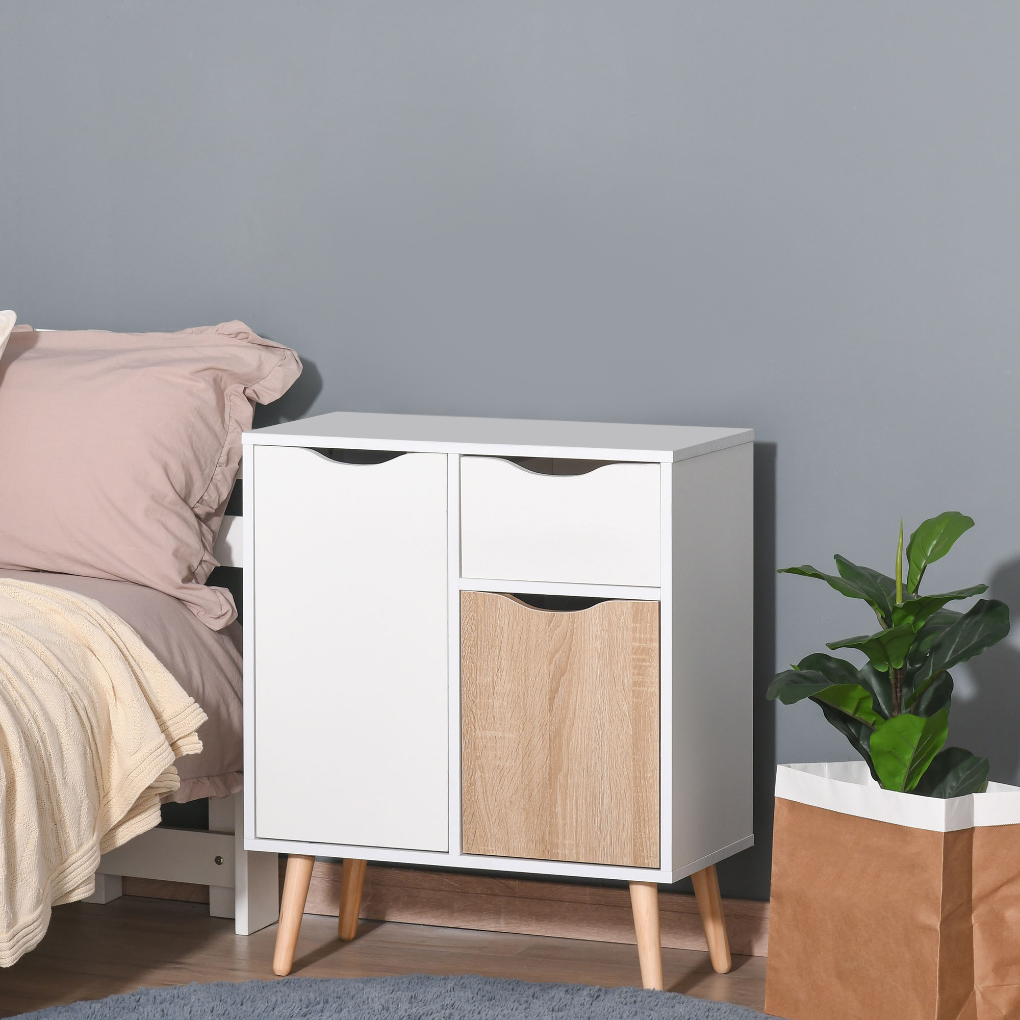 HOMCOM Buffet Sideboard skandinavisches Design 2 Schränke Schublade Holz Weiß helles Eichenholz
