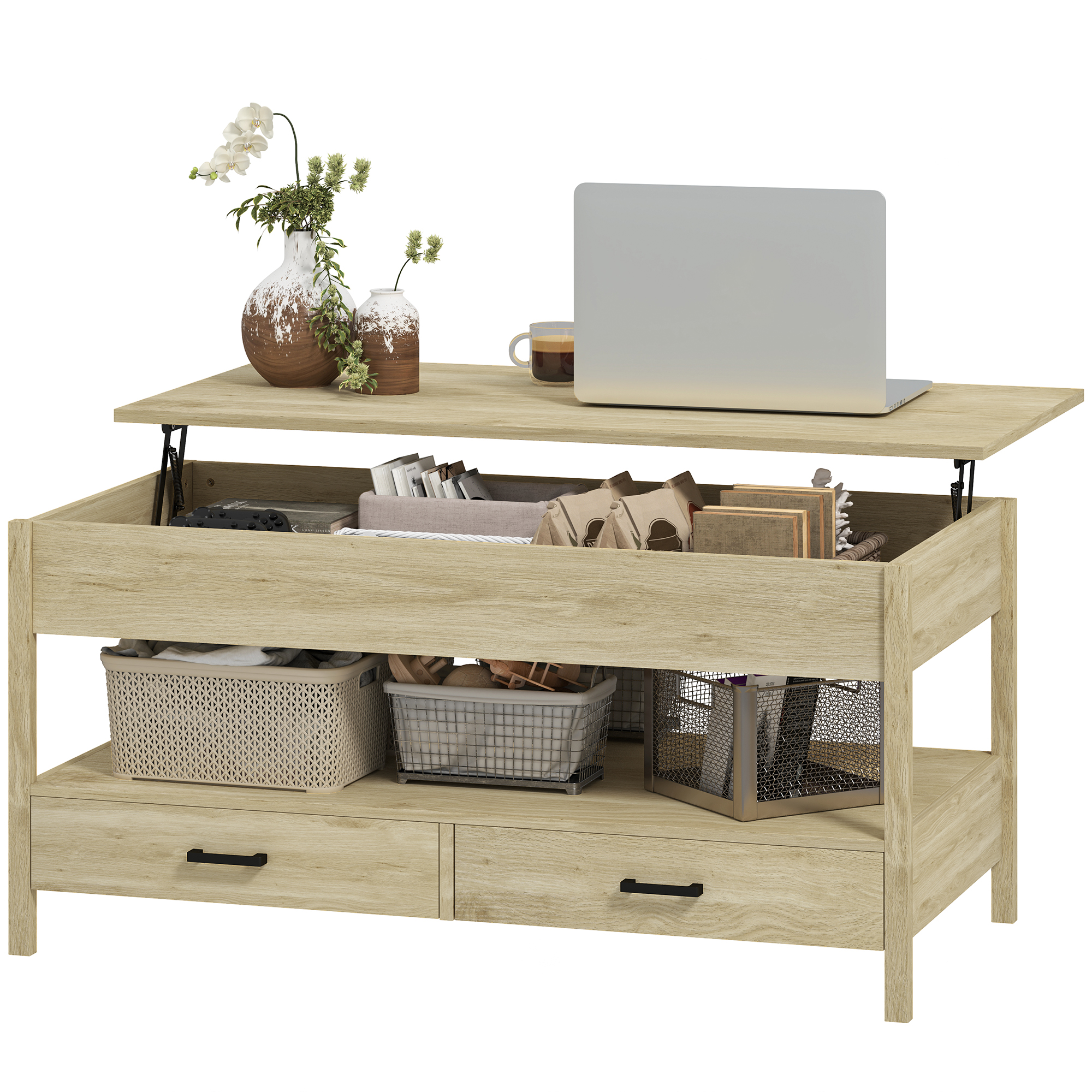 HOMCOM Höhenverstellbarer Couchtisch mit Schubladen und verstecktem Fach für Wohnzimmer, Home-Office, Eiche