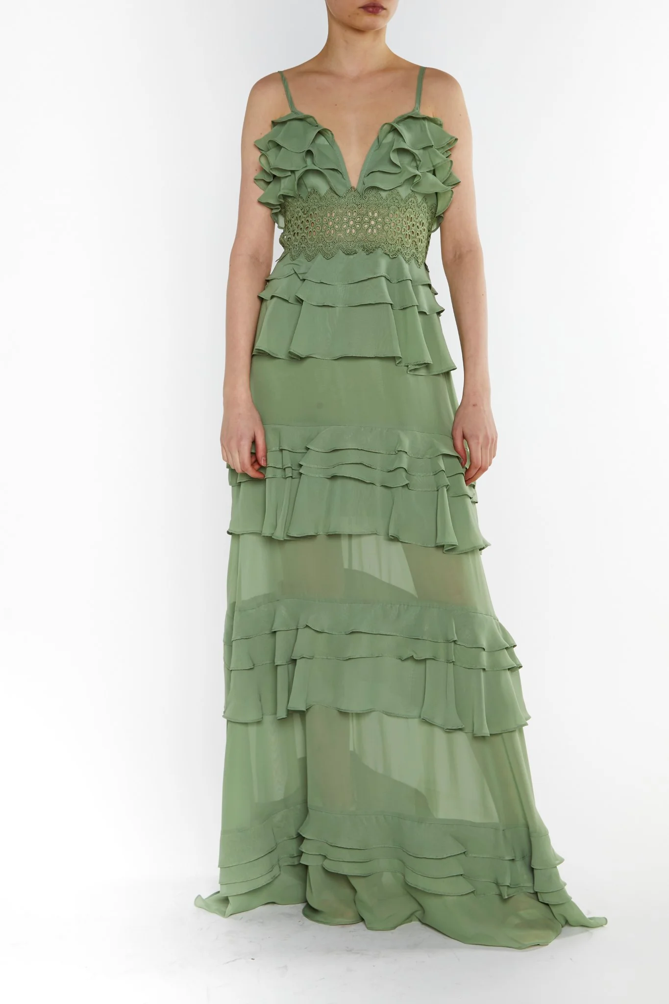 Sophia Sage Green Plunge Front Tiered Ruffle Maxi-Dress