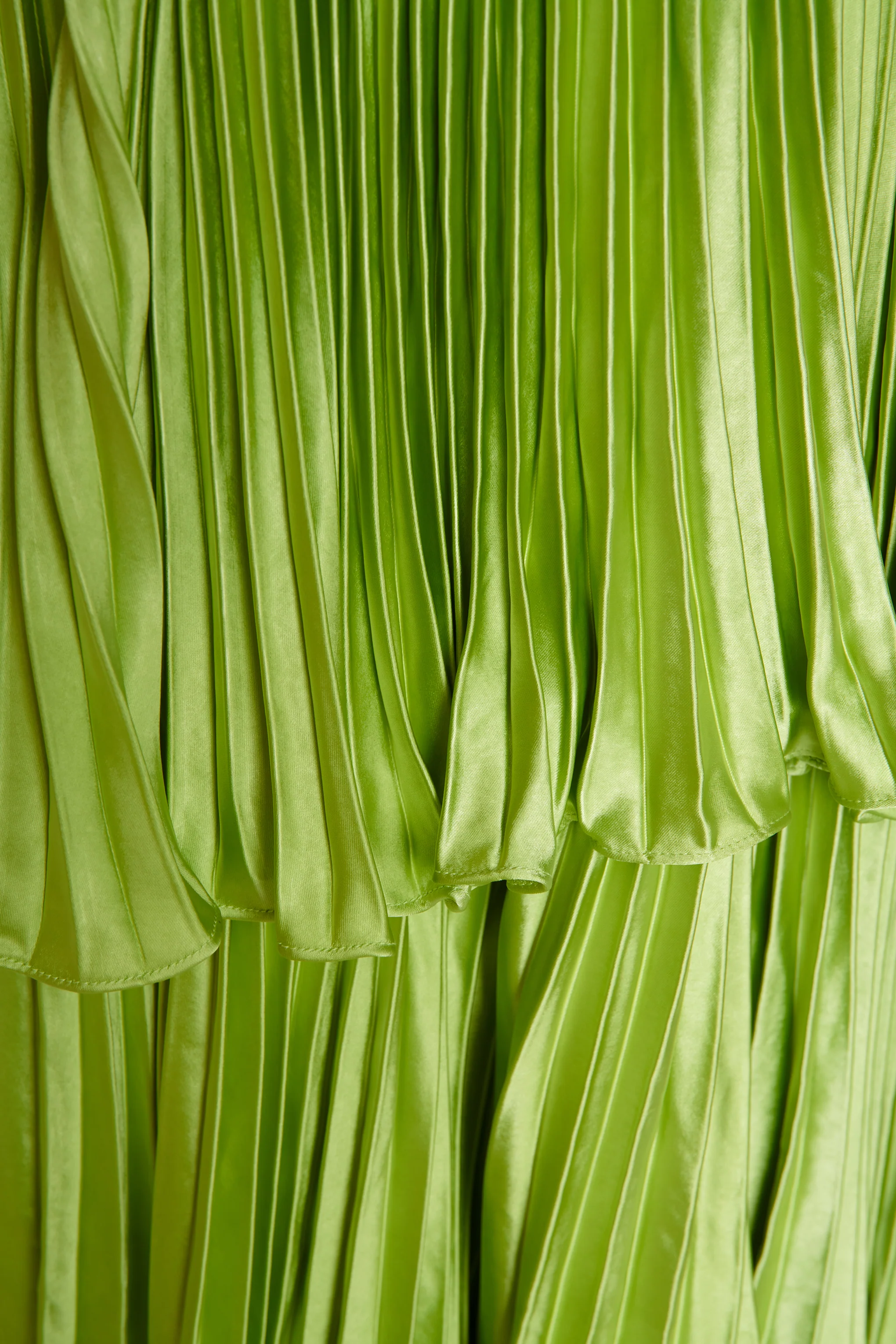 Lime Green Satin Pleated Tiered Midaxi Dress