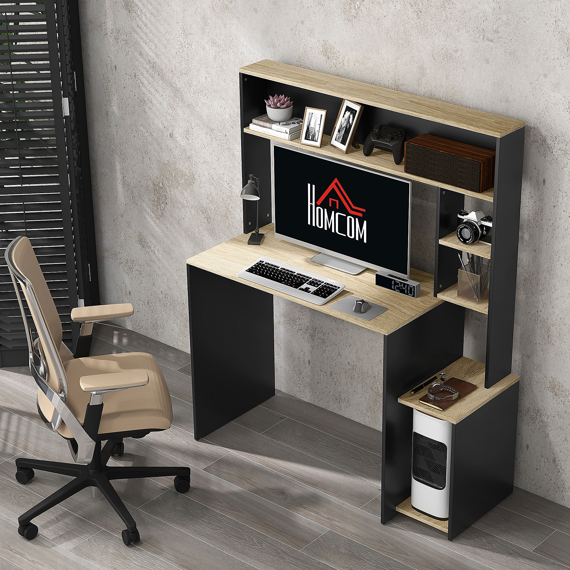 HOMCOM Schreibtisch mit mehreren Regalen, CPU-Ständer, großer Schreibtisch, 114L x 45B x 138H cm