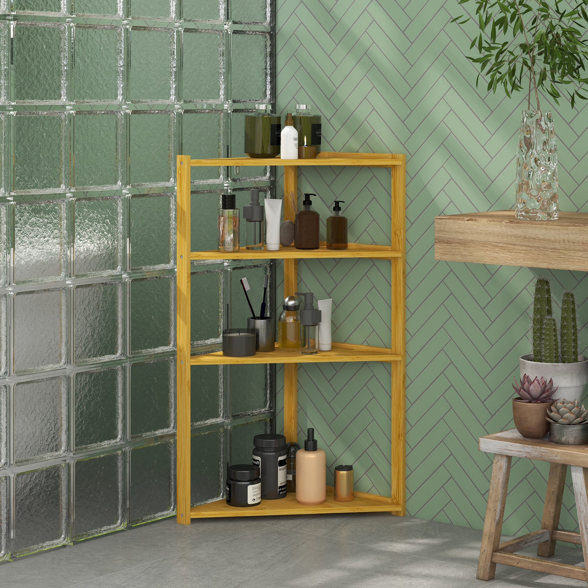 HOMCOM Möbel Bambus Eckregal mit 4 Ebenen auf Füßen - Badezimmerregal - dim. 37L x 34B x 79,5H cm