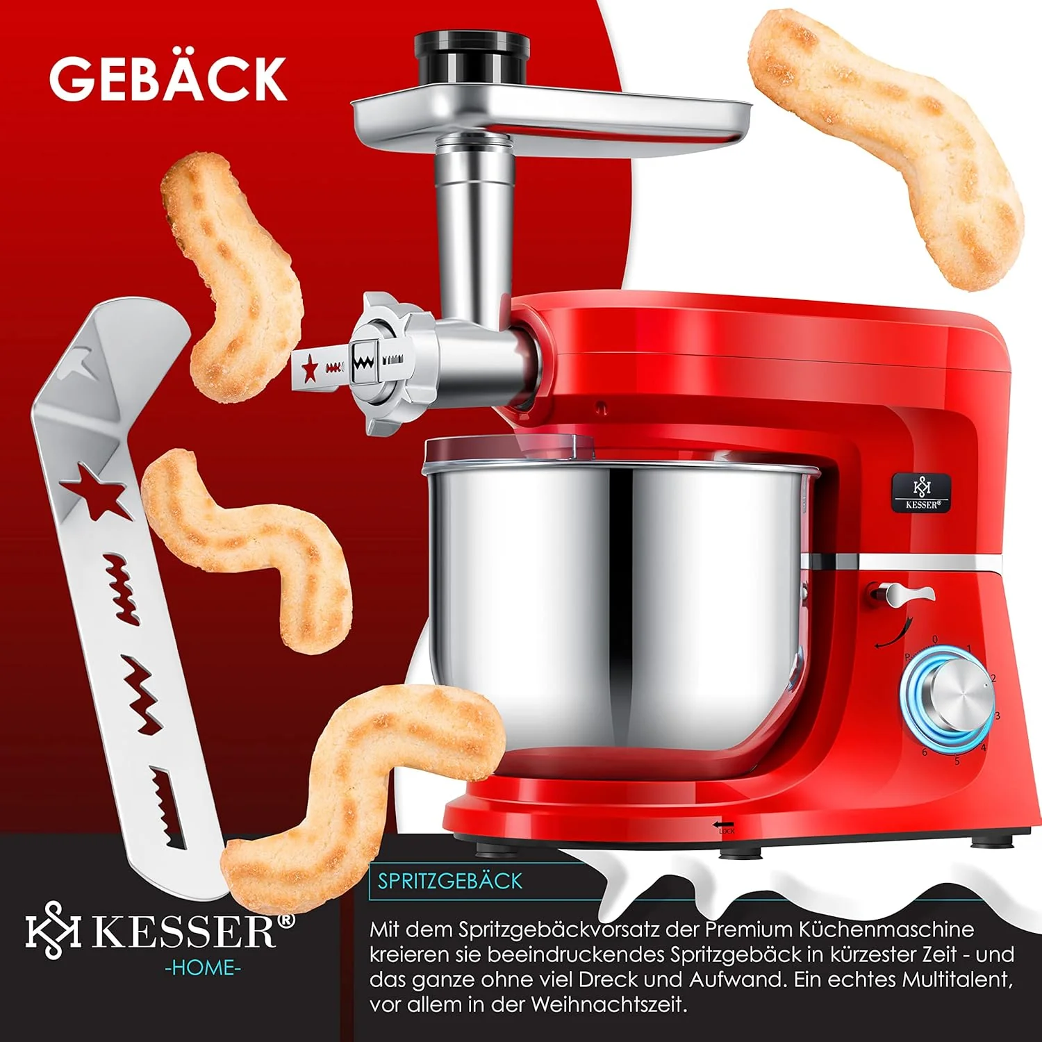 KESSER® 3 in 1 Universal Küchenmaschine K-KM 3000 mit Fleischwolf Knetmaschine Multifunktionale Rührmaschine 5,5L Schüssel mit 3 Rührwerkzeuge, 1,5L Entsafter, Zubehör-Set, Pasta & Gebäckformen