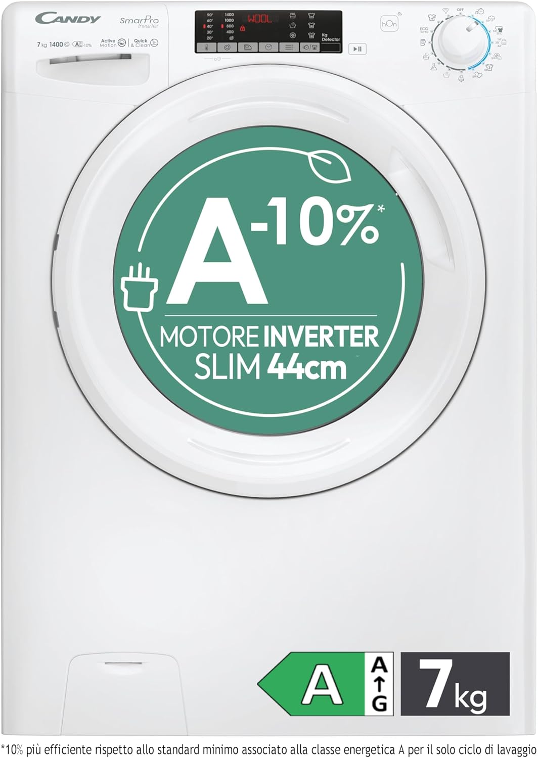 Candy Smart Pro Inverter CO4474TWM6/1-S Lavatrice a carica frontale, 7KG, Classe A-10%, 1400 giri, Motore Speed Dive Inverter, 16 programmi, AxLxP 85x60x45,4 cm, Bianco [Classe di energetica A]