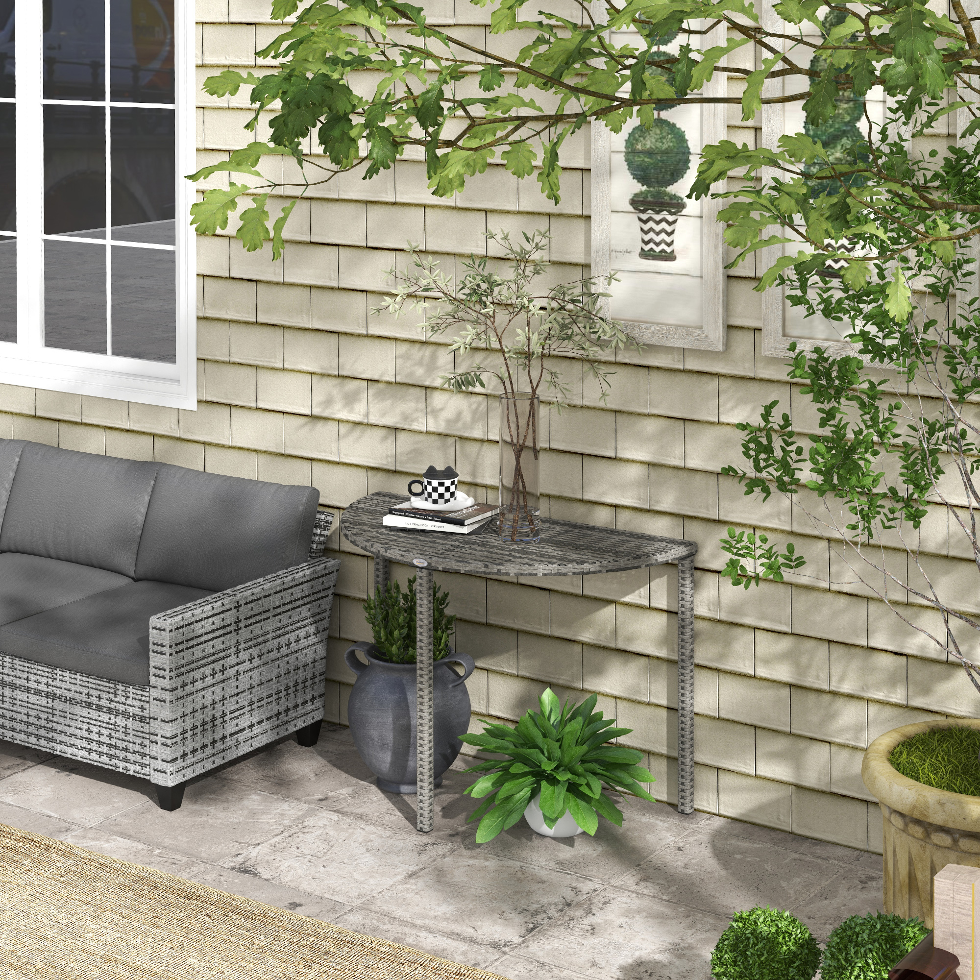 Outsunny Balkontisch, halbrund, Polyrattan+Metall, 100x50x74 cm, Grau