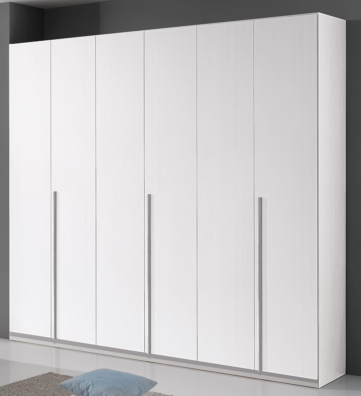 Armadio 6 ante bianco rifinito effetto legno naturale, 258x54x240 cm