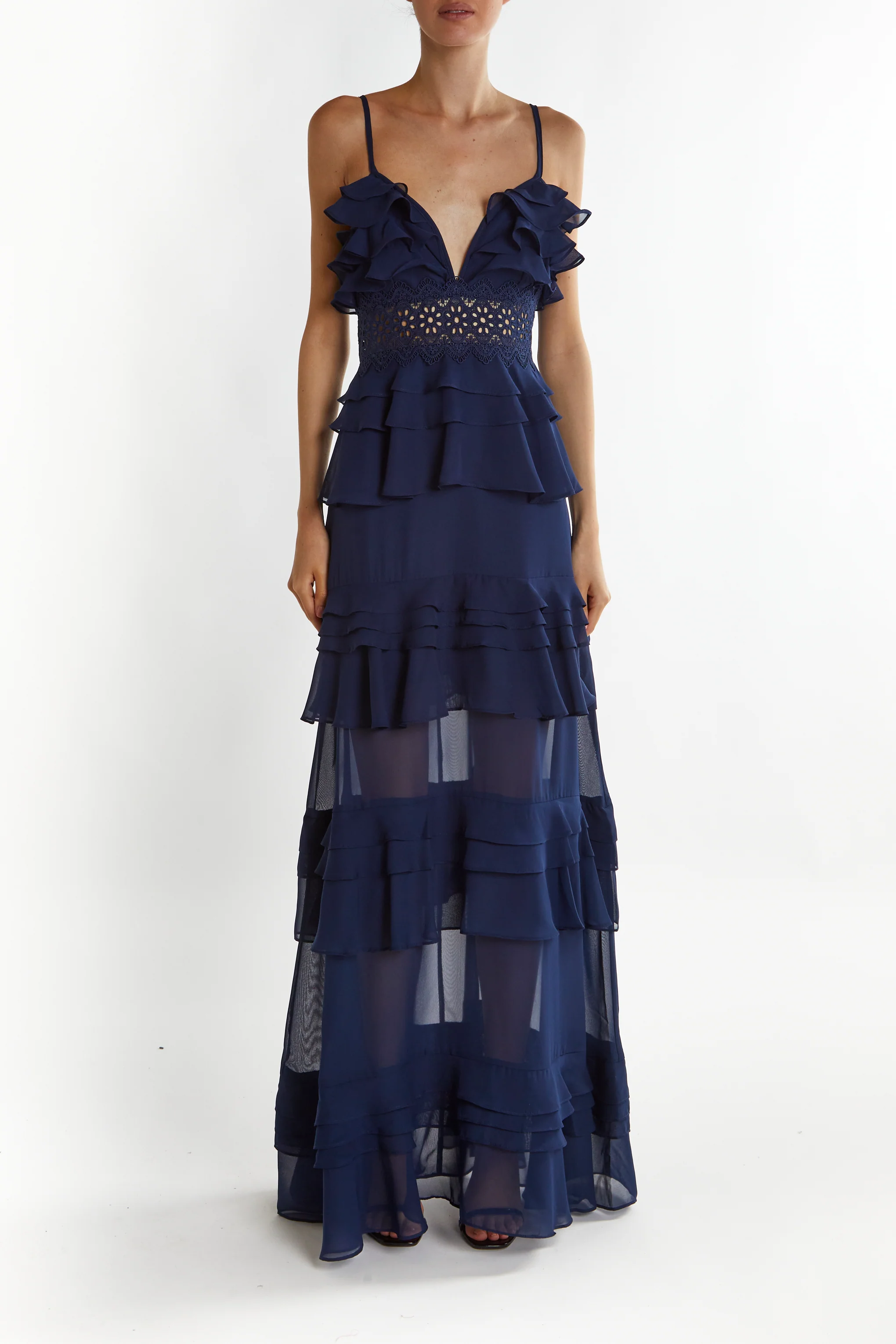 Sophia Navy Deep Plunge Layered Ruffle Maxi Dress