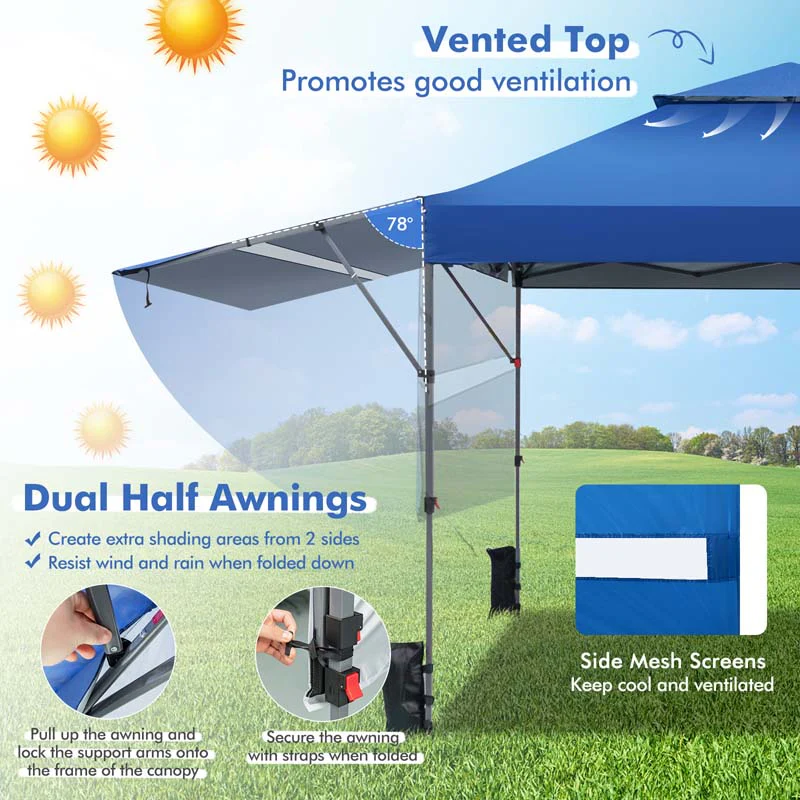 10 x 17.6 FT Outdoor Instant Pop-up Canopy Tent for Market Picnic with Dual Half Awnings & Wheeled Bag