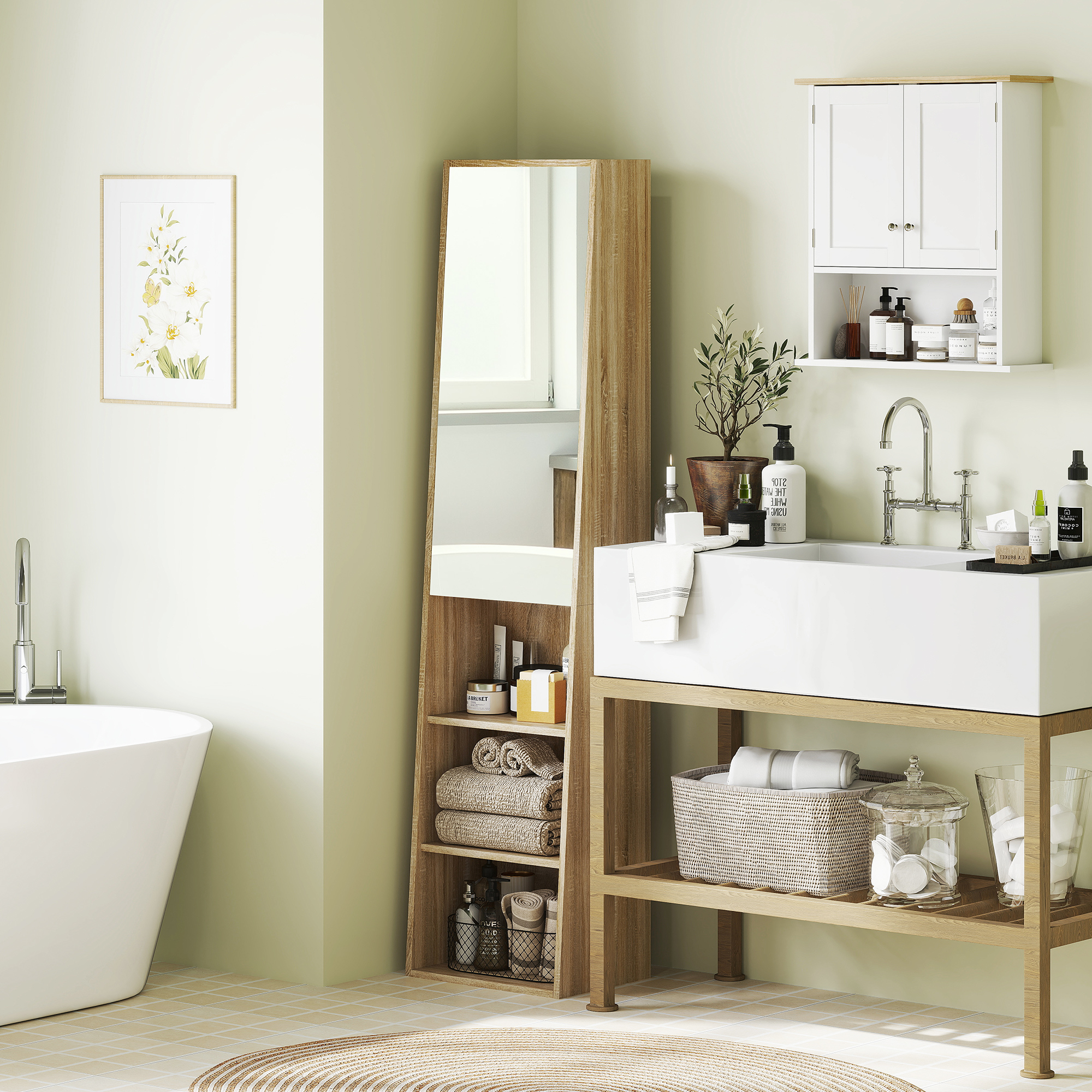 HOMCOM Badezimmerschrank Säule trapezförmig mit Spiegeltür, 6 Regalebenen, 40 x 30 x 165 cm