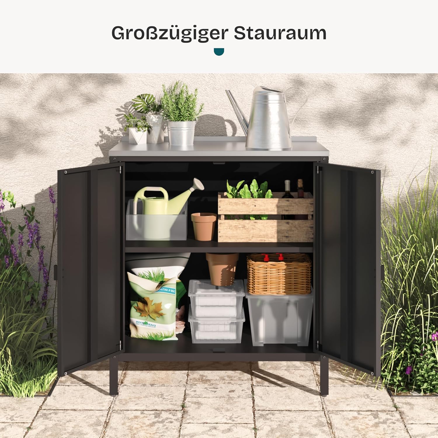 casa.pro Outdoor Schrank Bolognano Gartenschrank Balkonschrank Spind Zwei Türen für Innen- und Außenbereich 92x80x50 cm Schwarz, matt