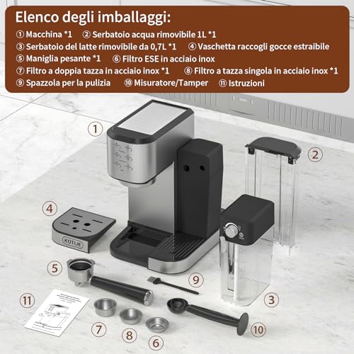 KOTLIE CM5180 Macchina per Espresso con Montalatte Automatico per Espresso, Cappuccino, Latte, serbatoio del latte rimovibile da 700 ml, serbatoio dell'acqua da 1000 ml, 20 Bar, 1350 W : Amazon.it: Casa e cucina
