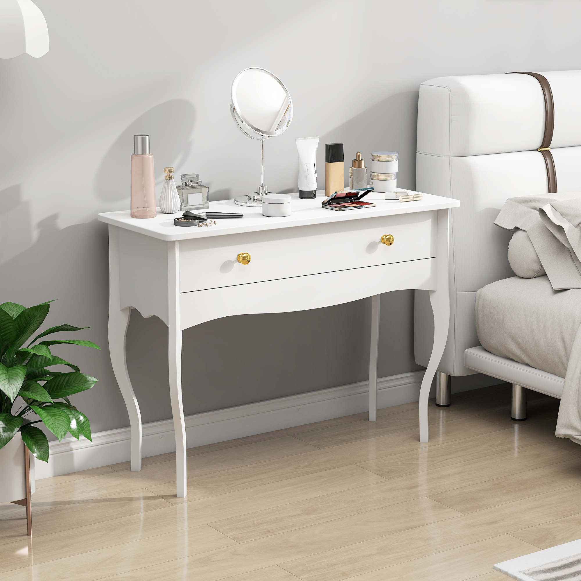 HOMCOM Schminktisch mit großer Schublade und geschwungenen Beinen, Schminktisch für Schlafzimmer, 100 x 40 x 74 cm, weiß