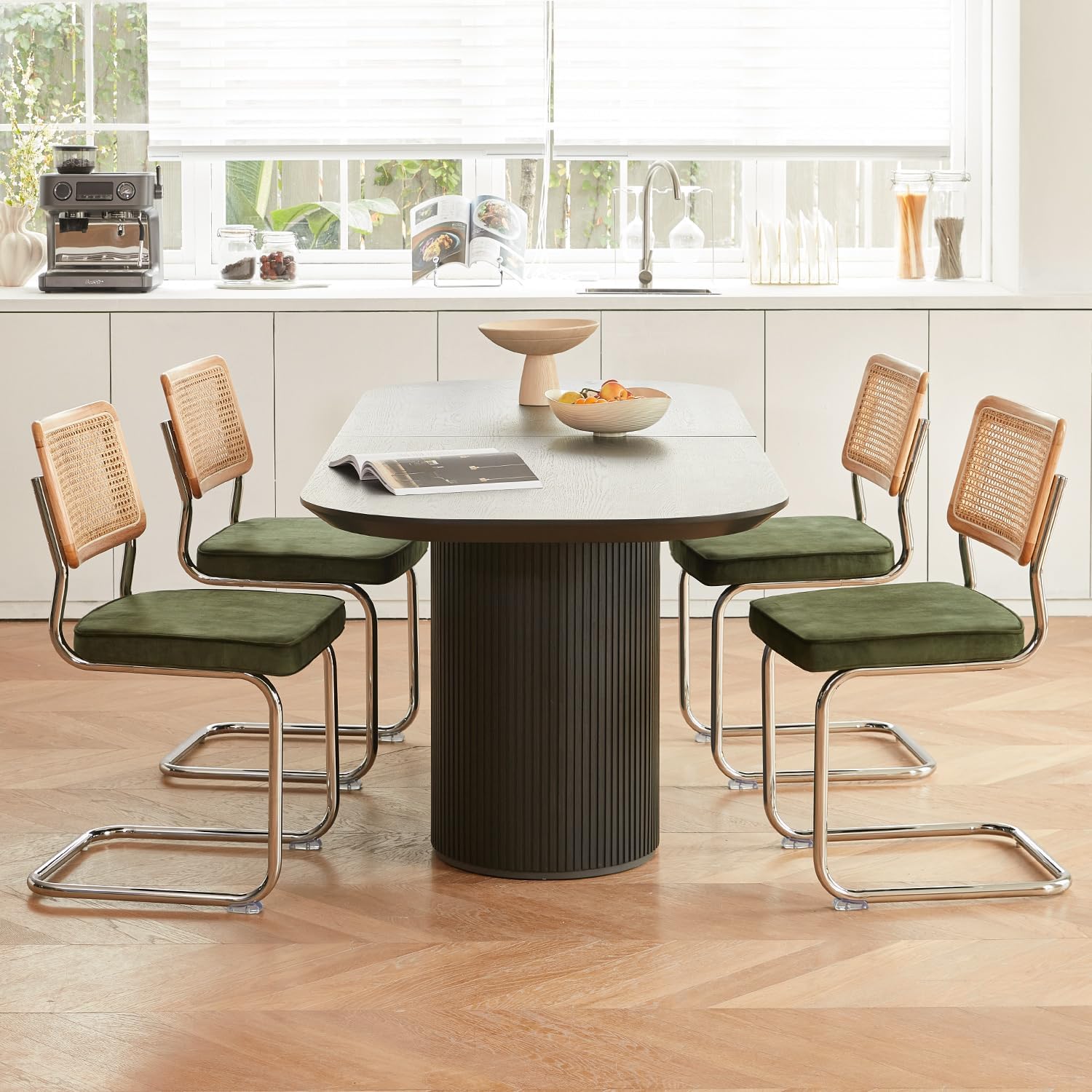 Green Rattan Dining Chairs Set of 4, Wooden Mid Century Modern Dining Room Chairs, Mesh Back Cane Kitchen Chair, Cesca Design Chairs with Metal Chrome Legs