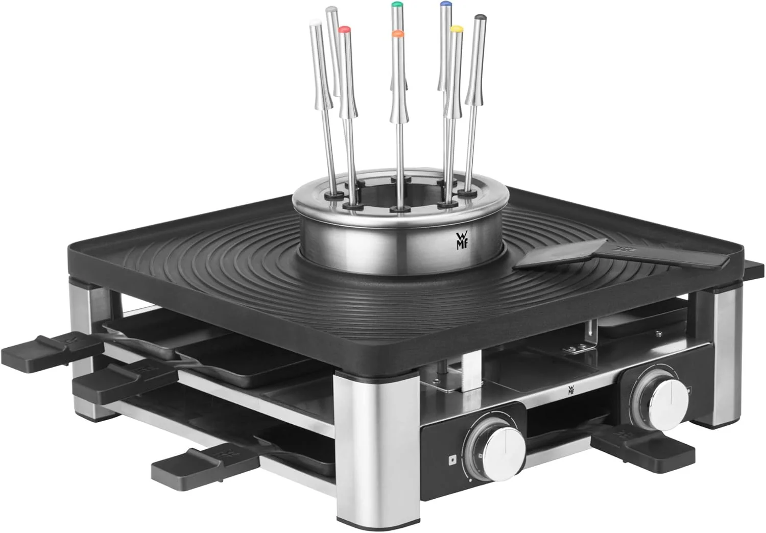 WMF Lumero 3in1 Gourmet Station f��r 8 Personen, Raclette Fondue Kombi, elektrisch, Temperaturregulierung, Beleuchtung, 1800 Watt, platzsparend, edelstahl matt