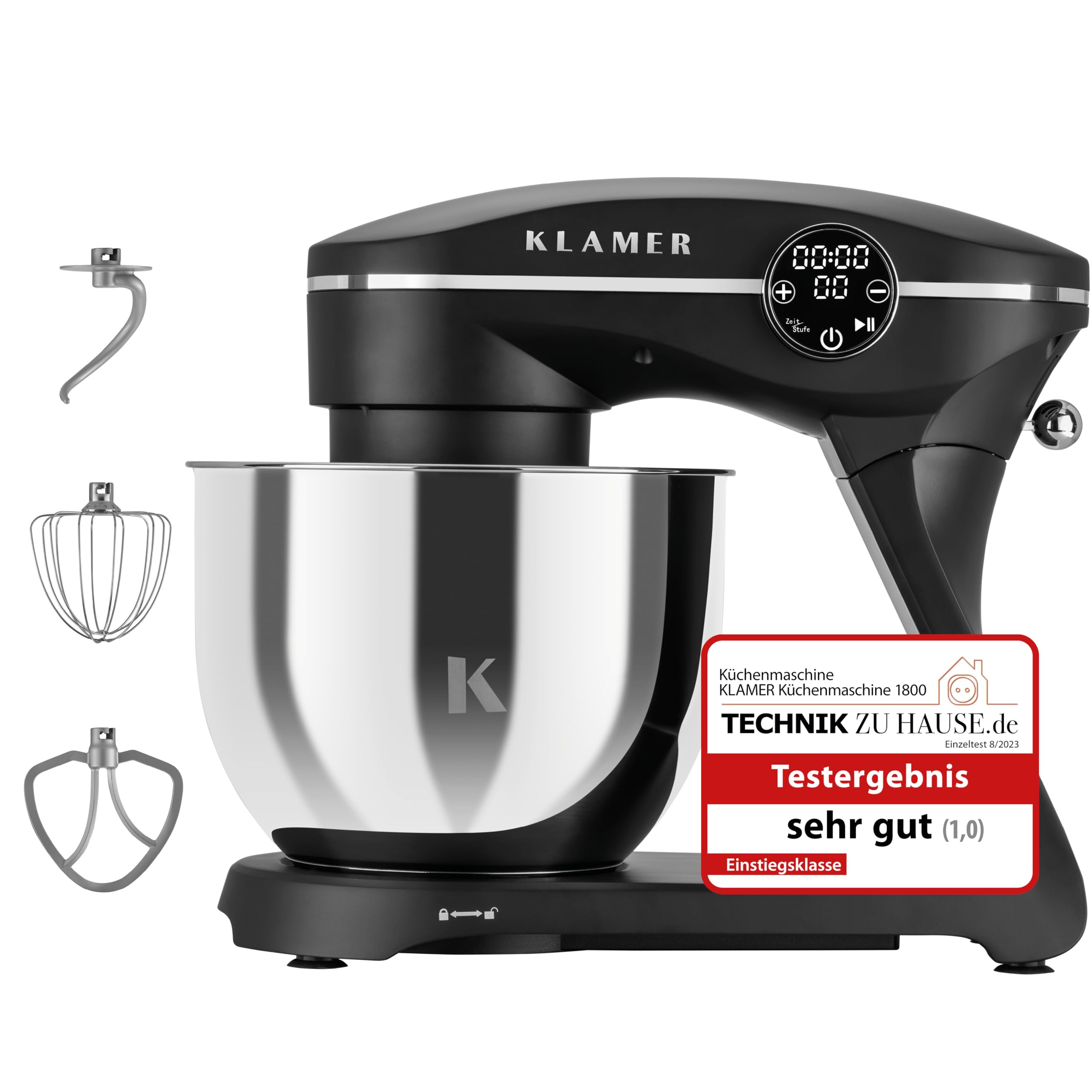 KLAMER Küchenmaschine 1800W Knetmaschine für Brotteig mit 6L Edelstahlschüssel und leistungsstarkem Motor
