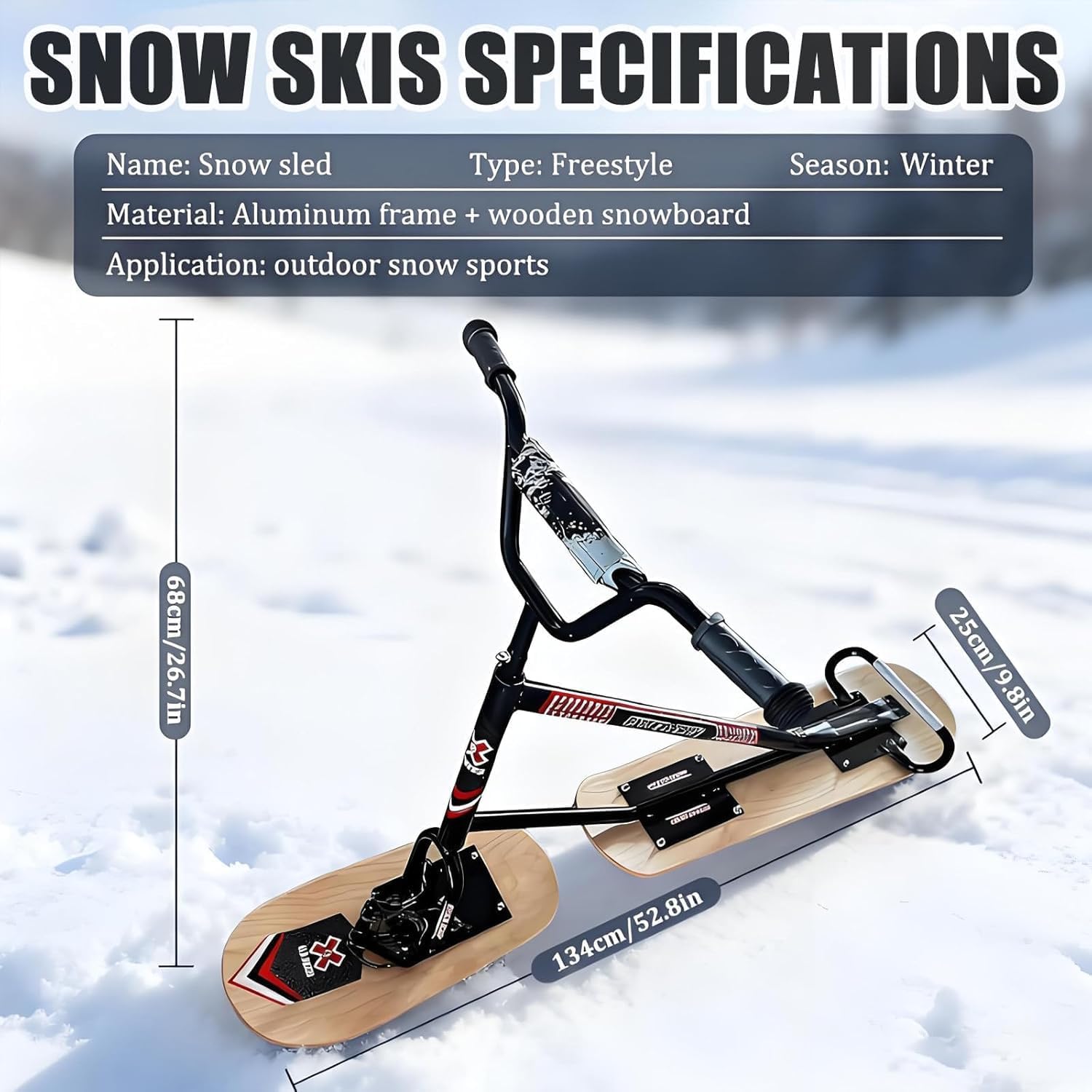 Snow Scooter mit 360° drehbaren Heckski & verstärktem Rahmen, All-Terrain Schlitten für Teenager und Erwachsene, 150 kg Tragkraft