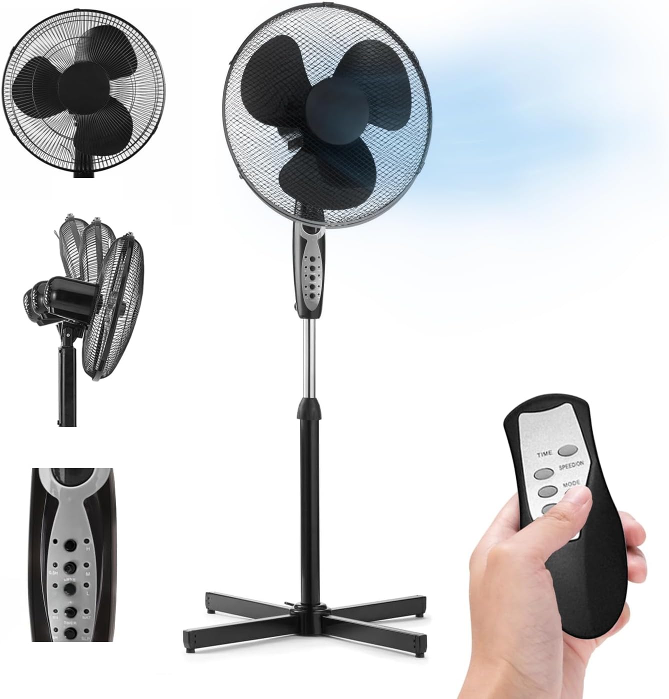 Powerful 50W Floor Fan for 40 cm Silent Blades with Timer 7 Hours 3 Speed Adjustable Height and Tilt and Remote Control for Remote Control, Black