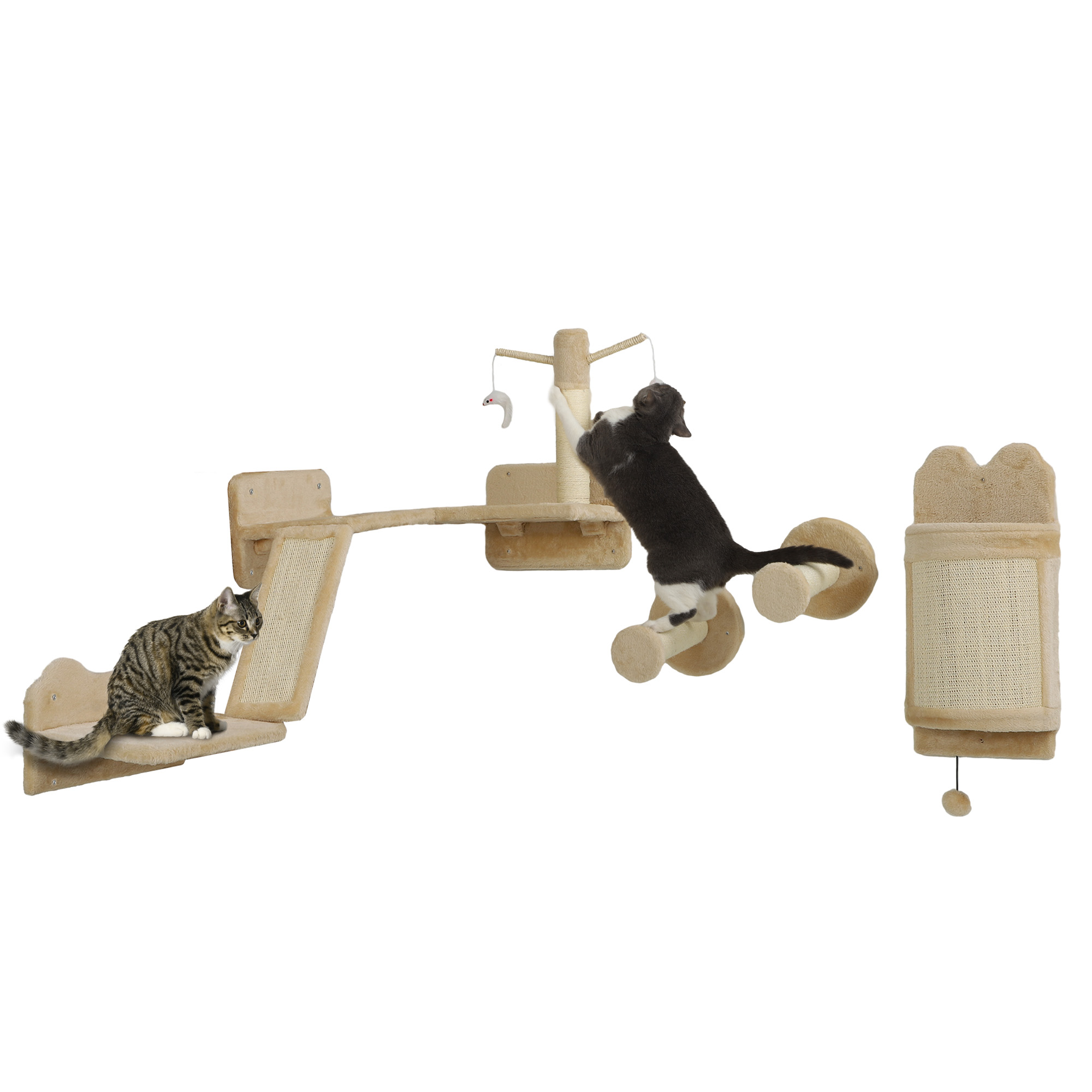 PawHut Katzen-Wandregale, Wandmöbelset für Katzen, 4-teiliges Set, mit Teasern, Spielzeugball, beige