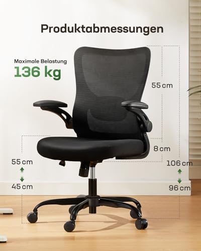 Marsail Sedia da ufficio ergonomica, con braccioli in poliuretano 3D e supporto lombare regolabile, regolabile in altezza e funzione basculante, sedia direzionale in rete, fino a 136 kg/300LBS : Amazon.it: Casa e cucina