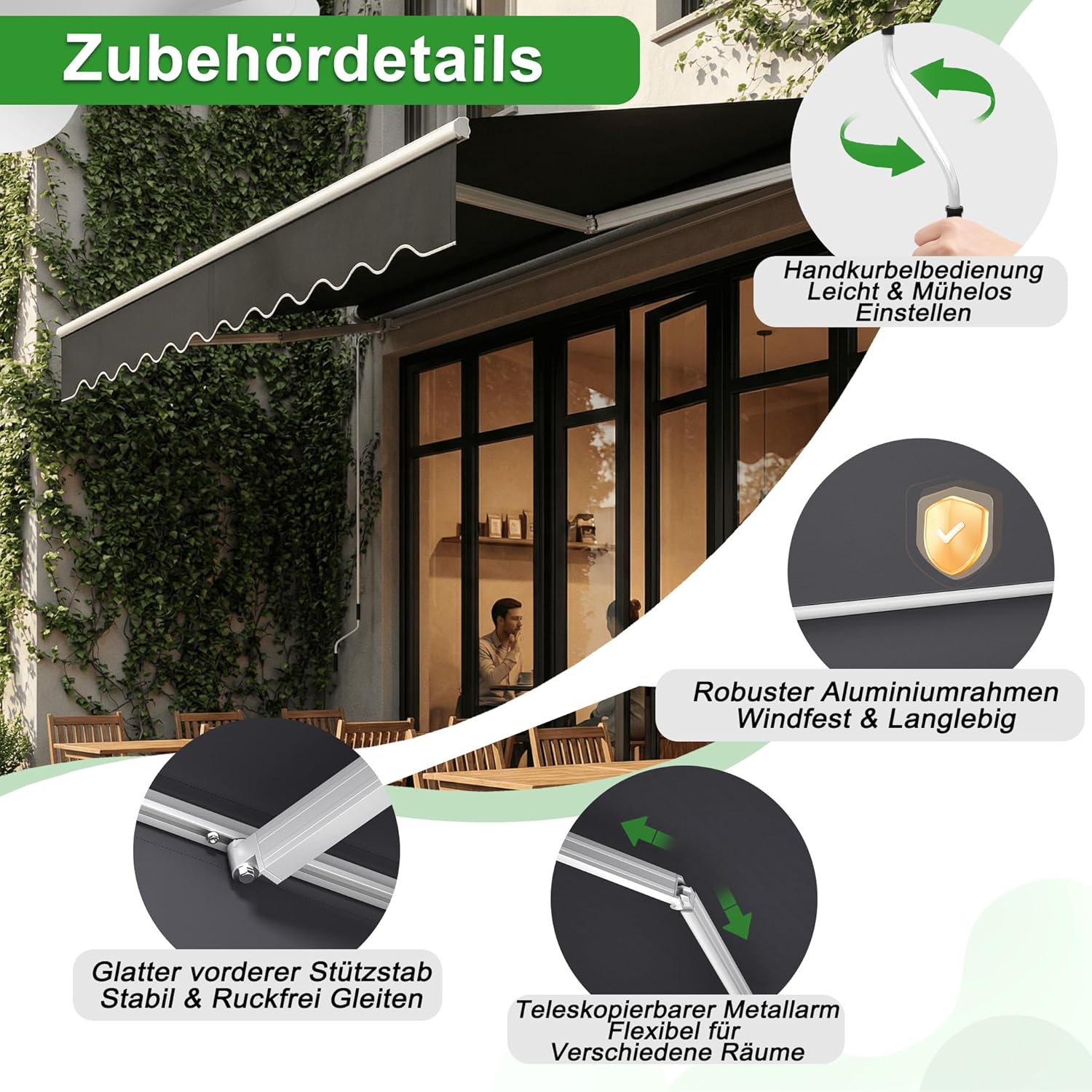 HENGMEI Balcony Awning with Crank Handle Sun Protection for Patios, Balconies (400 x 300 cm)