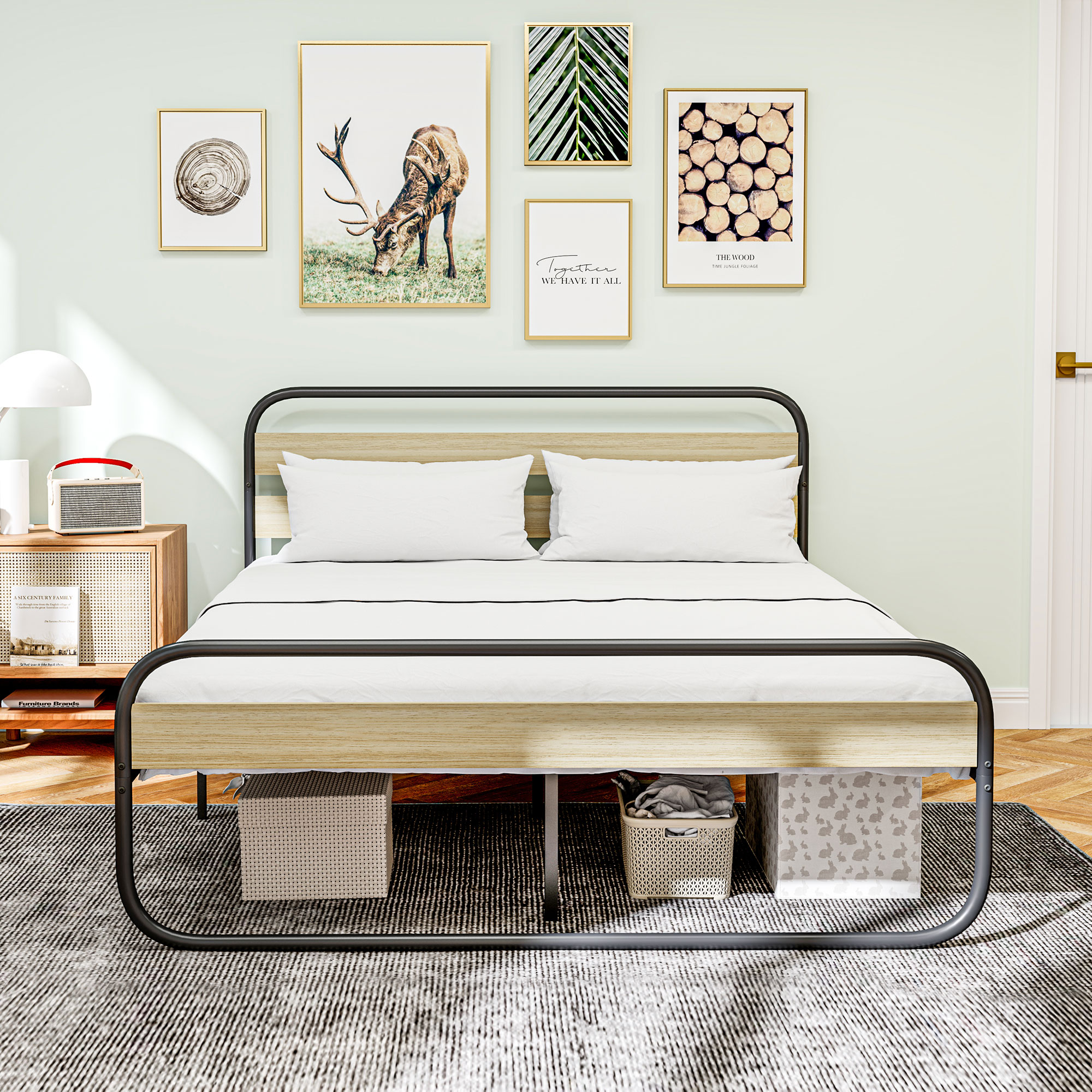 HOMCOM Doppelbett 160 x 200 cm, Industriestil Stahlbettgestell, Kopf- und Lattenrost inklusive, Holzoptik