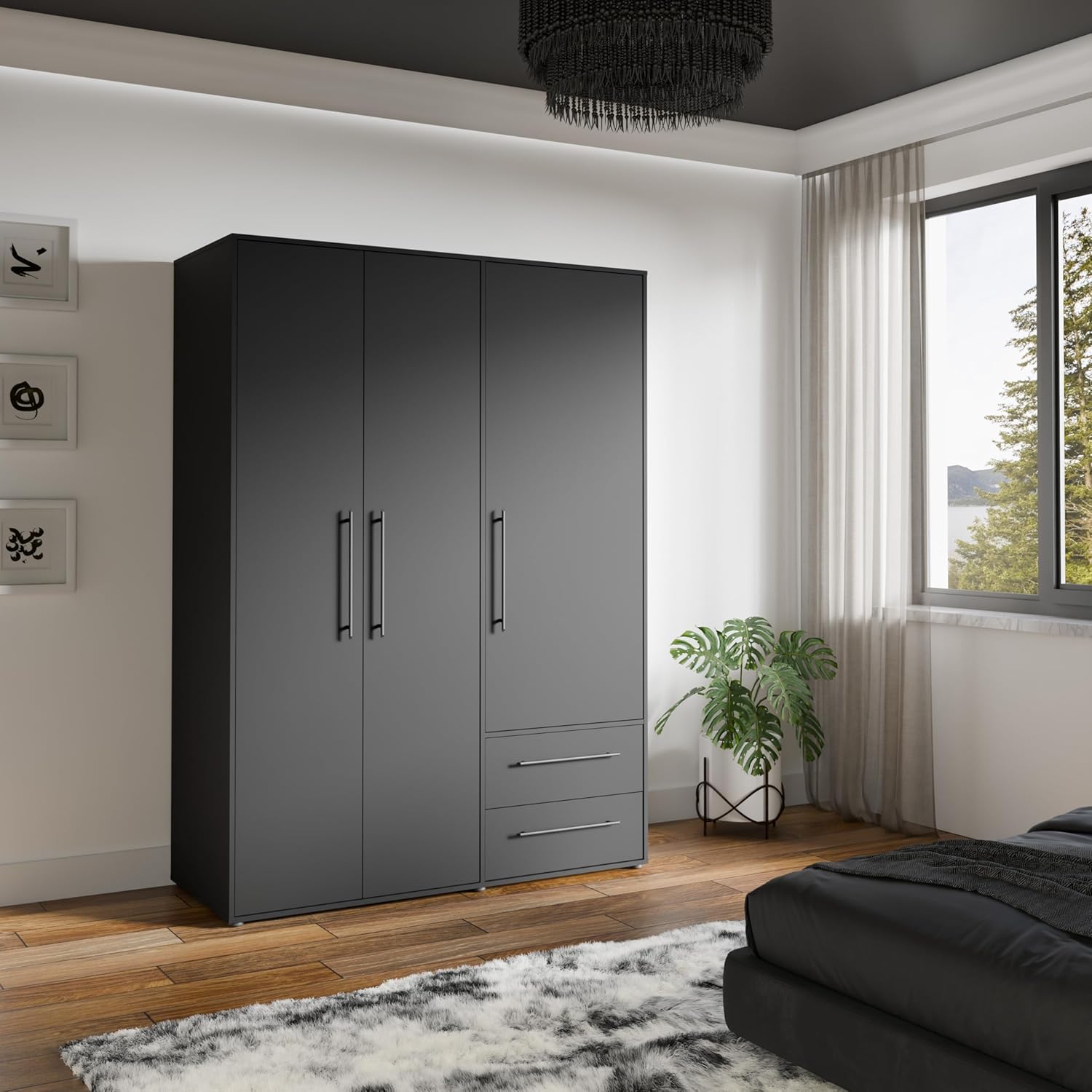 AVANTI TRENDSTORE - FATHIE - Wardrobe with 3 hinged doors and 2 drawers made of laminated wood in matt black. LAP dimensions approx. 145 x 200 x 59 cm.