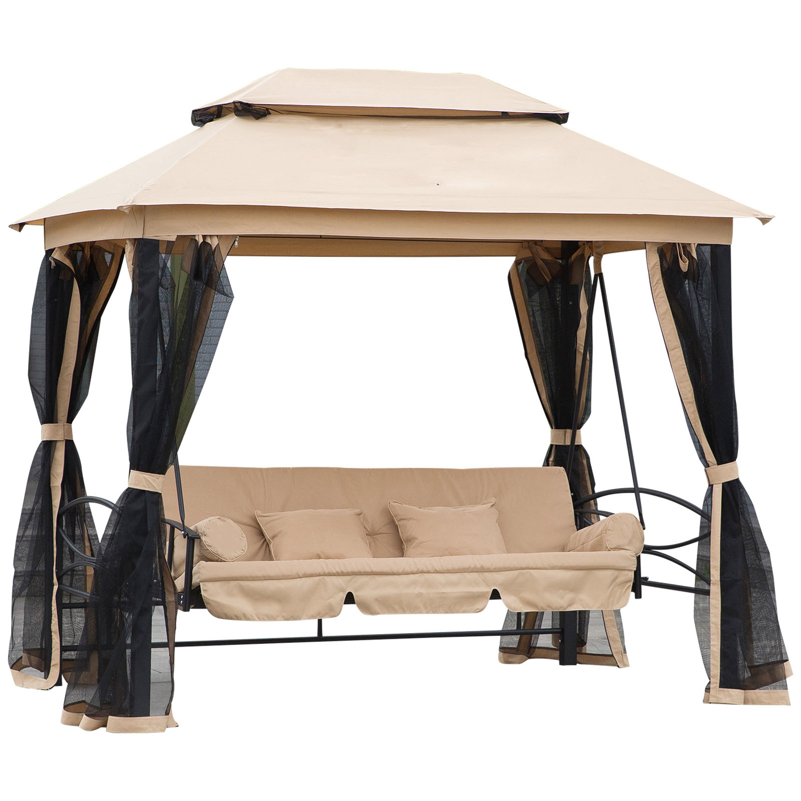 Outsunny Hollywoodschaukel Gartenschaukel Schaukel mit Seitenwänden 3-Sitzer Beige 256 x 172 x 248 cm