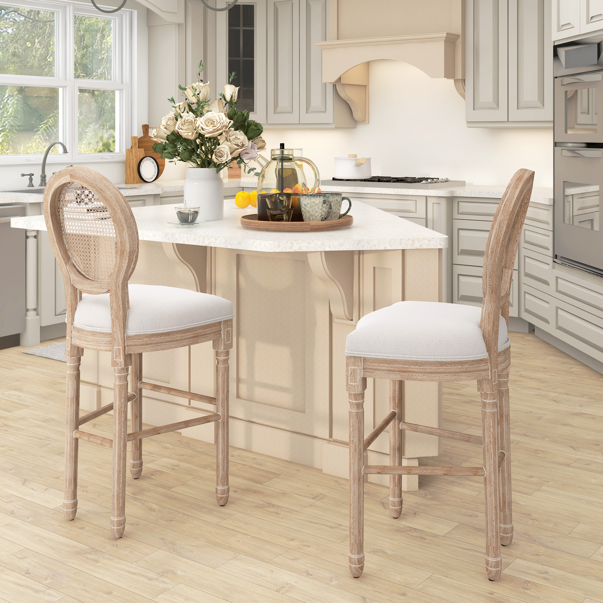 HOMCOM Set mit 2 Barhockern im Medaillon-Stil des Louis XVI, massives geschnitztes Kautschukholz, patiniert, Leinenoptik 48 x 56 x 118 cm Creme