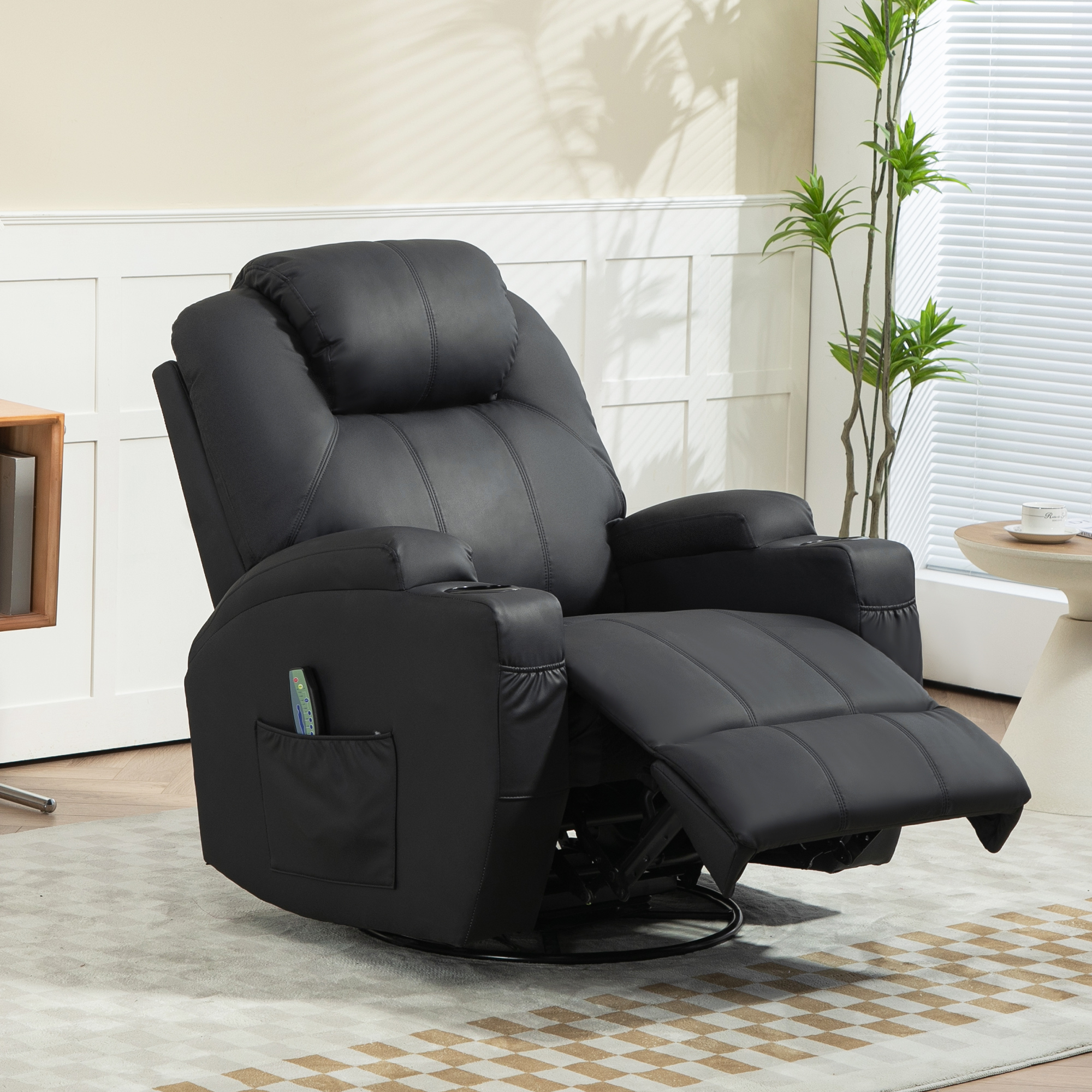 Relaxfauteuil met Massagefunctie, Kantelbare Leuning, Draaibaar, tot 150 kg, Kunstleer, Zwart