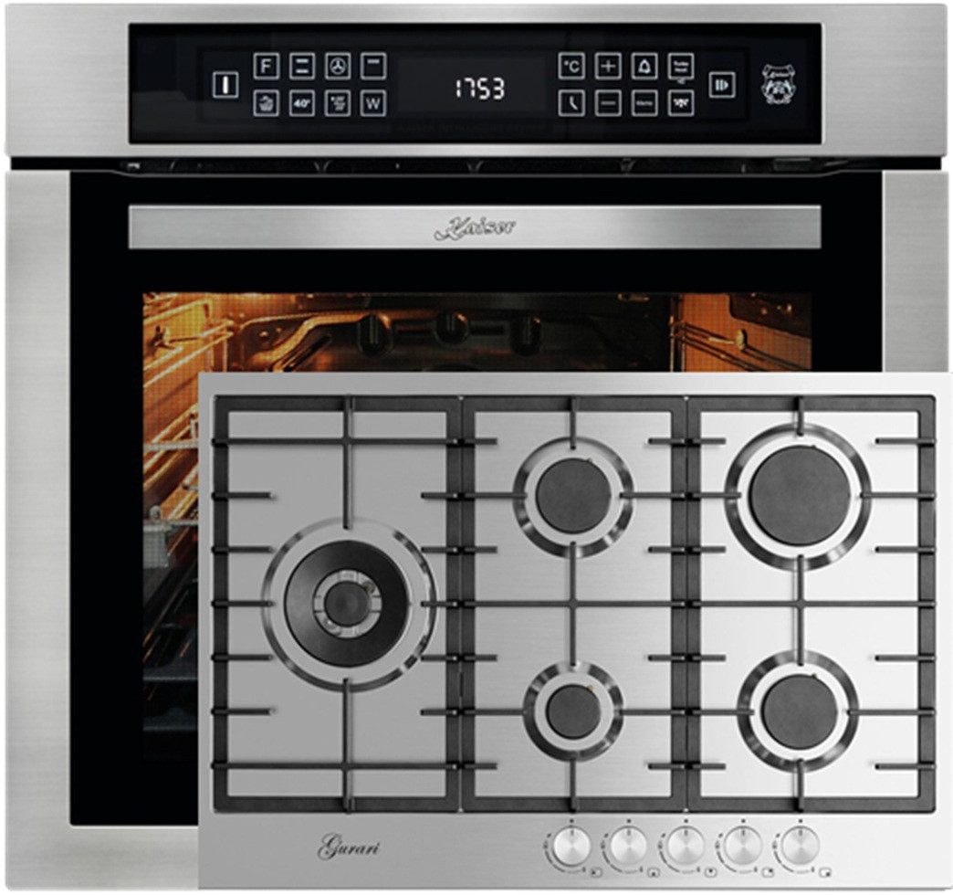 Backofen-Set Herd Set Autark Einbaubackofen,Edelstahl,79L 15 Fkt.+Einbaukochfeld aus Edelstahl 75 cm, Edelstahl, 4,0 KW WOK, 5 Gasbrenner,Erdgas, FL.Gas EH 6306 R+GCH FG 755