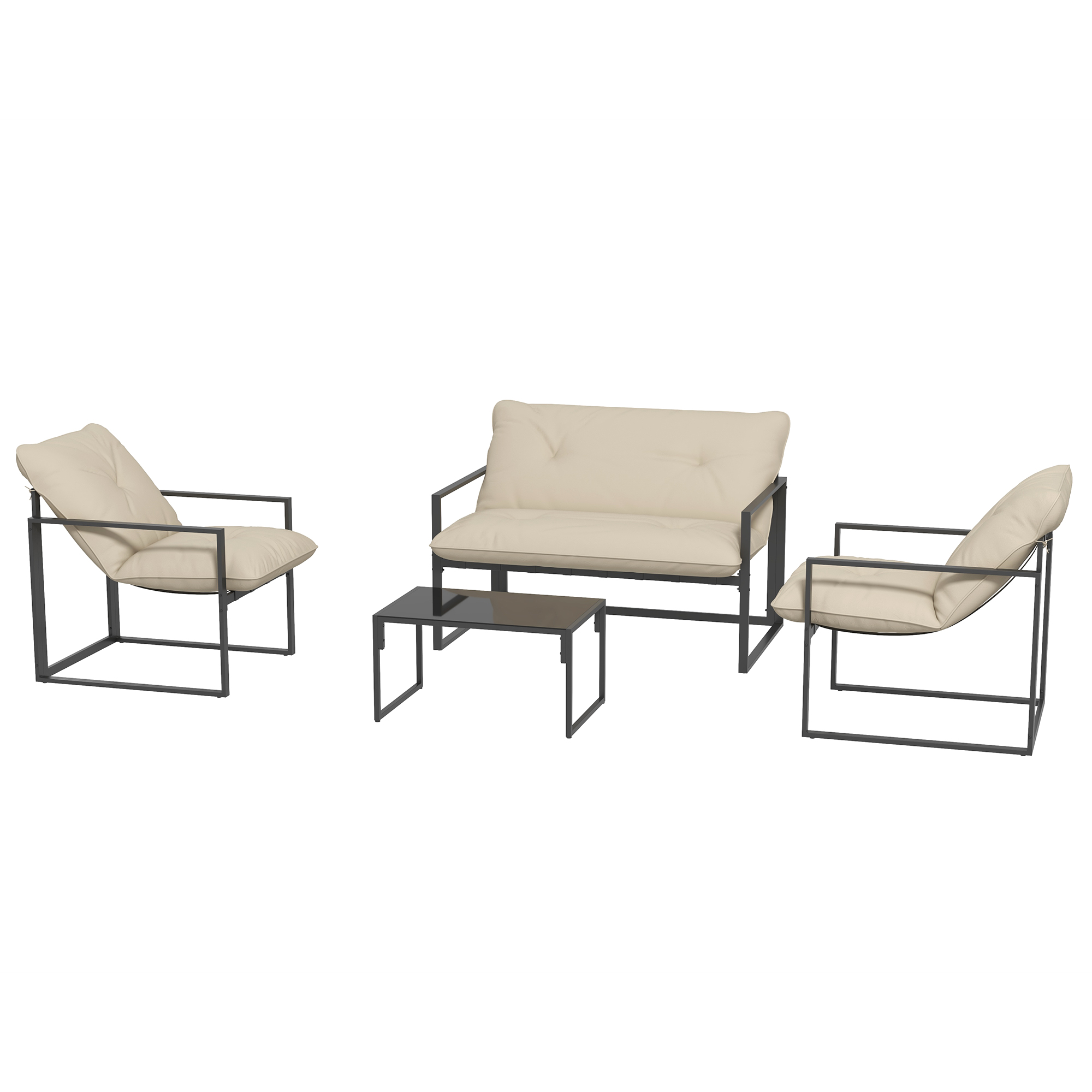 Outsunny Gartenmöbel-Set, 1 Glastisch, 2 Sessel. 1 Sofa, wetterbeständig,114 cm x 70 cm x 67 cm, Grau+Beige