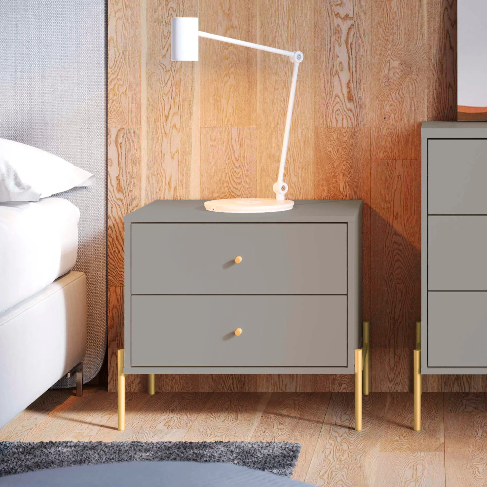 Manhattan Comfort Jasper Engineered Wood Nightstand in Gray Gloss/Gold