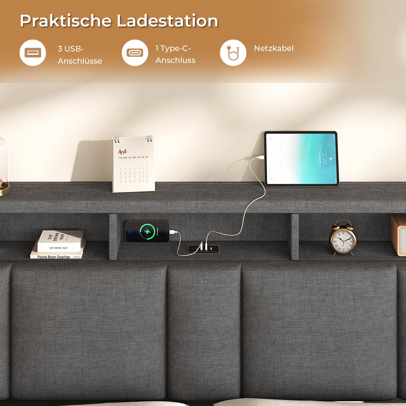 Polsterbett 140x200 cm mit Bettkasten LED-Beleuchtung USB-Anschlüssen und hydraulischem Stauraum Dunkelgrau